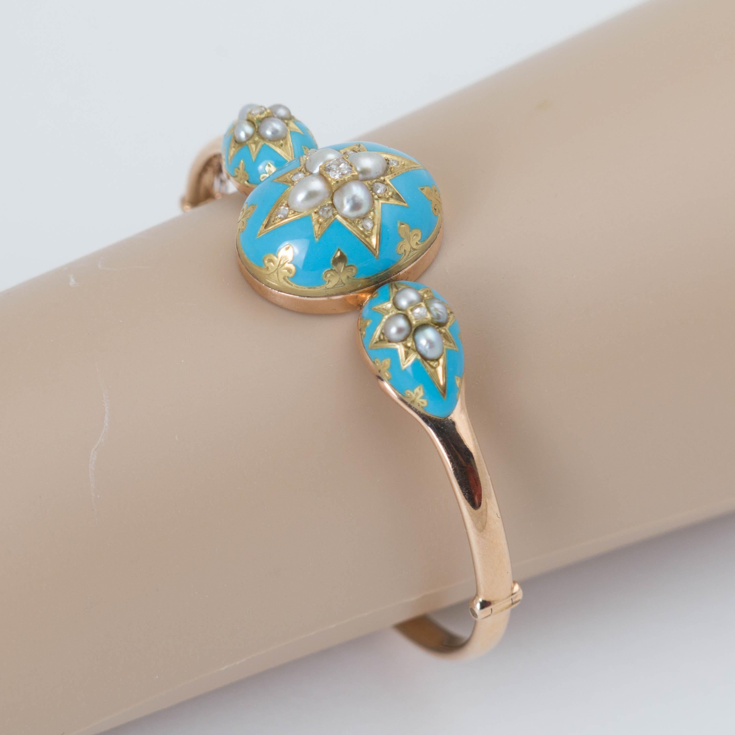 Antikes viktorianisches Türkisblaues Emaille-Goldarmband mit Diamanten und Perlen im Angebot 1