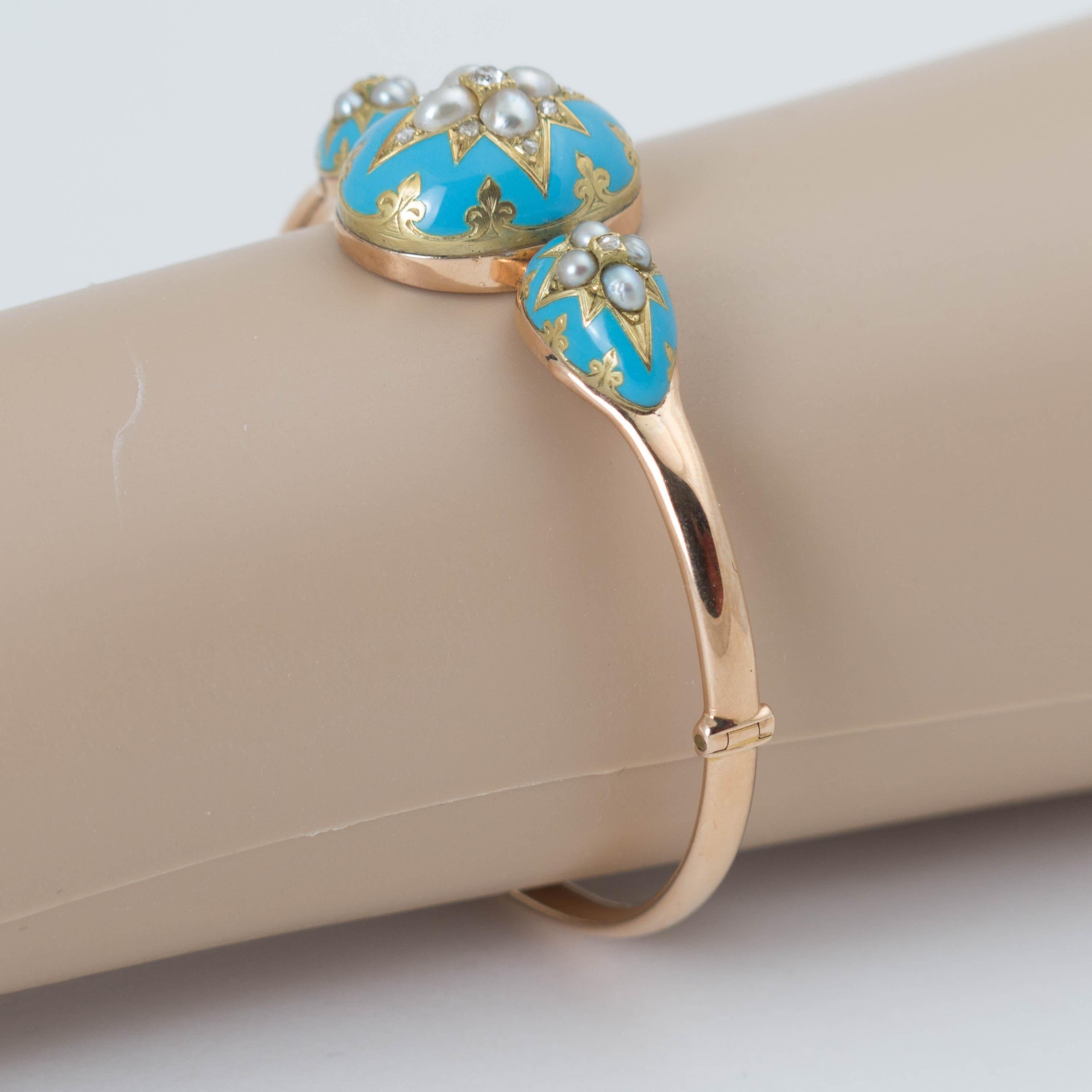 Women's Antique Victorian Turquoise Blue Enamel Gold Bracelet with Diamonds and Pearls For Sale