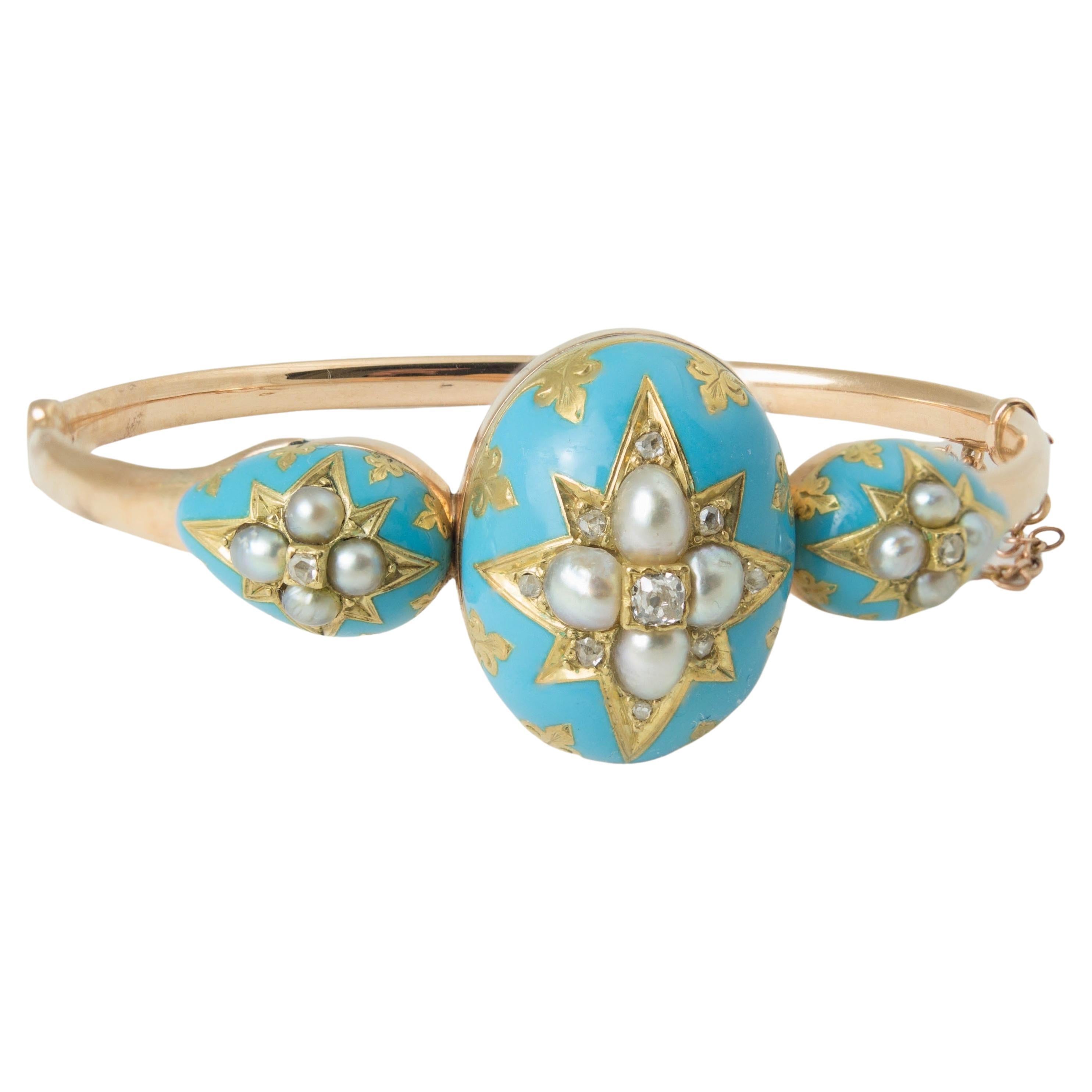 Antique Victorian Turquoise Blue Enamel Gold Bracelet with Diamonds and Pearls