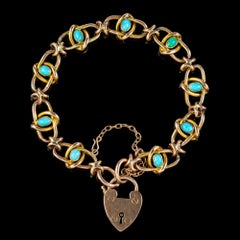 Antique Victorian Turquoise Bracelet in 9ct Gold with Heart Padlock, circa 1890