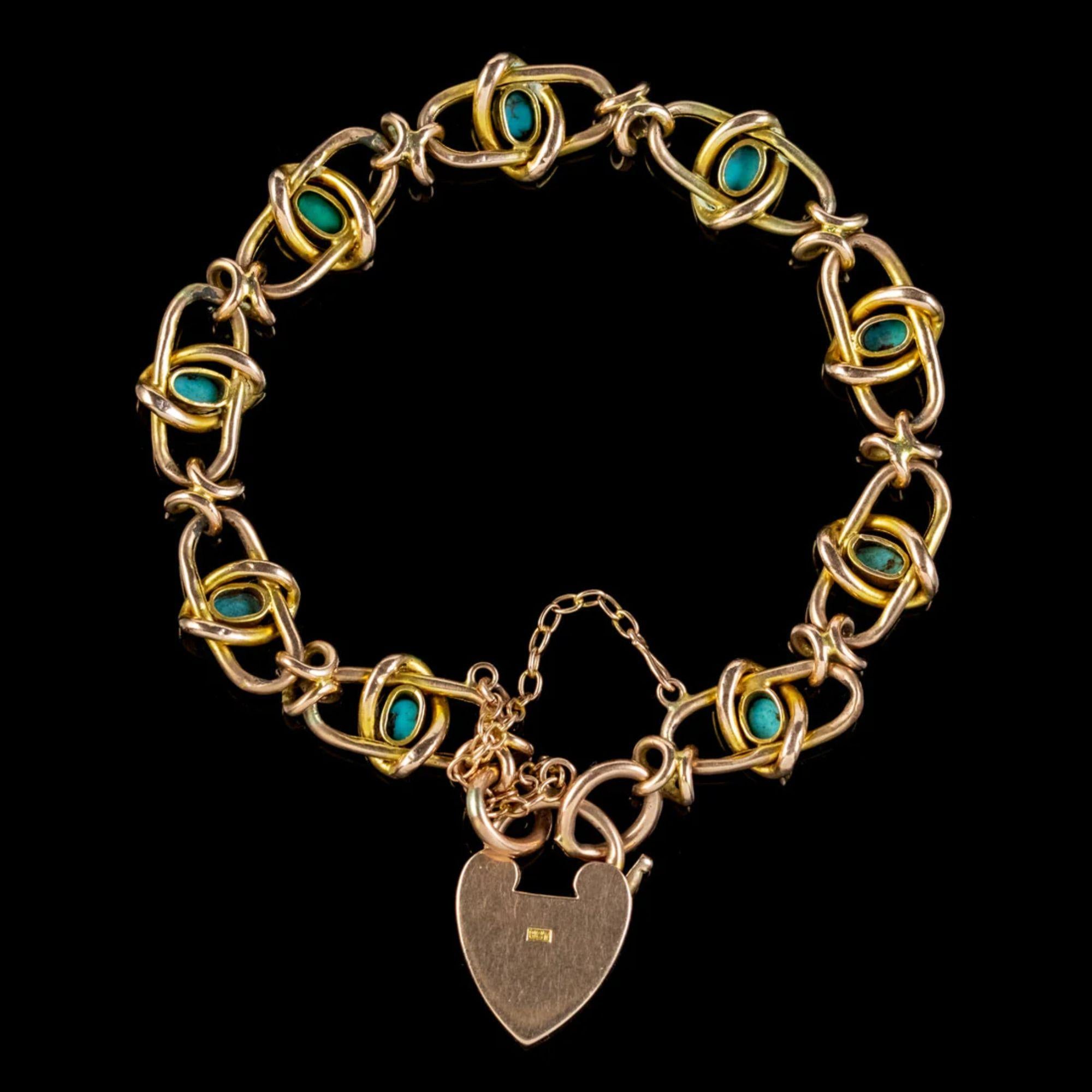 Antikes viktorianisches türkisfarbenes Armband aus 9 Karat Gold mit Herzanhänger, um 1890 (Viktorianisch) im Angebot