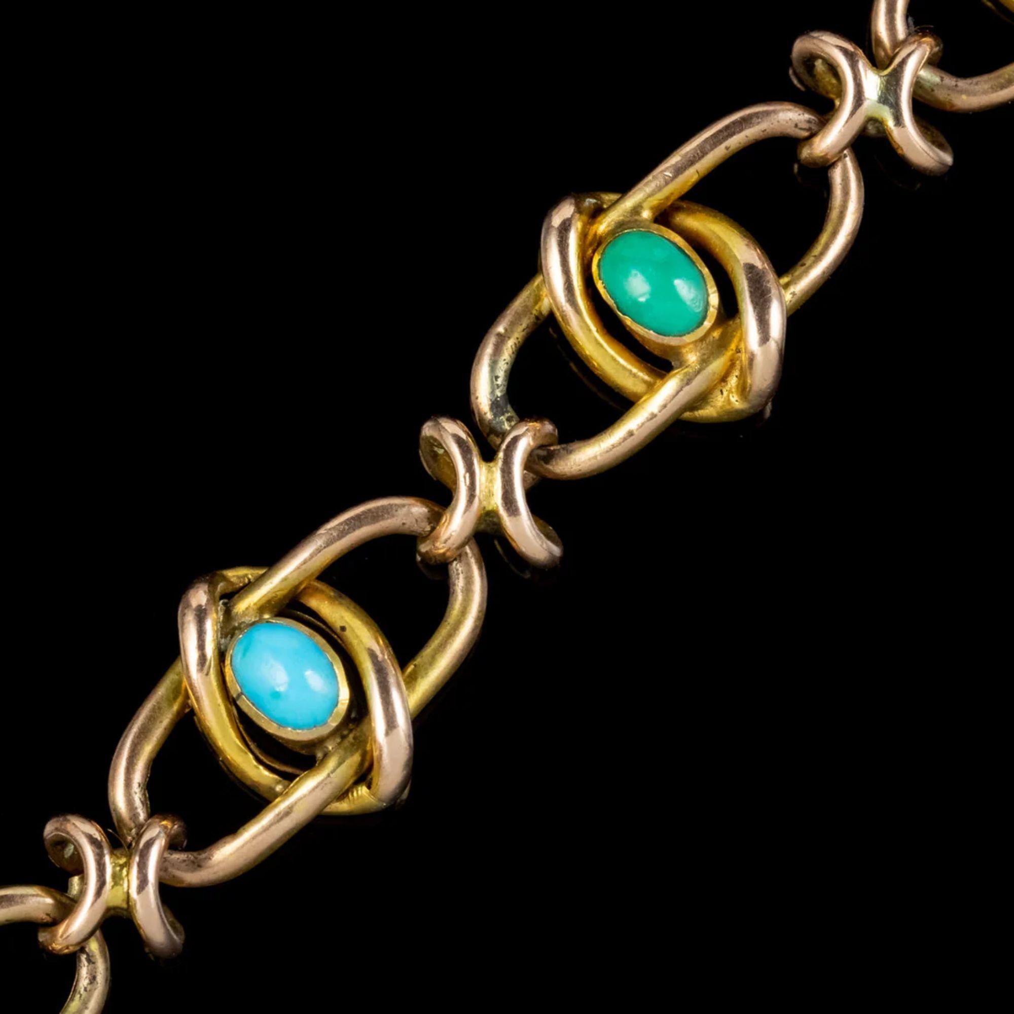 Antikes viktorianisches türkisfarbenes Armband aus 9 Karat Gold mit Herzanhänger, um 1890 (Cabochon) im Angebot