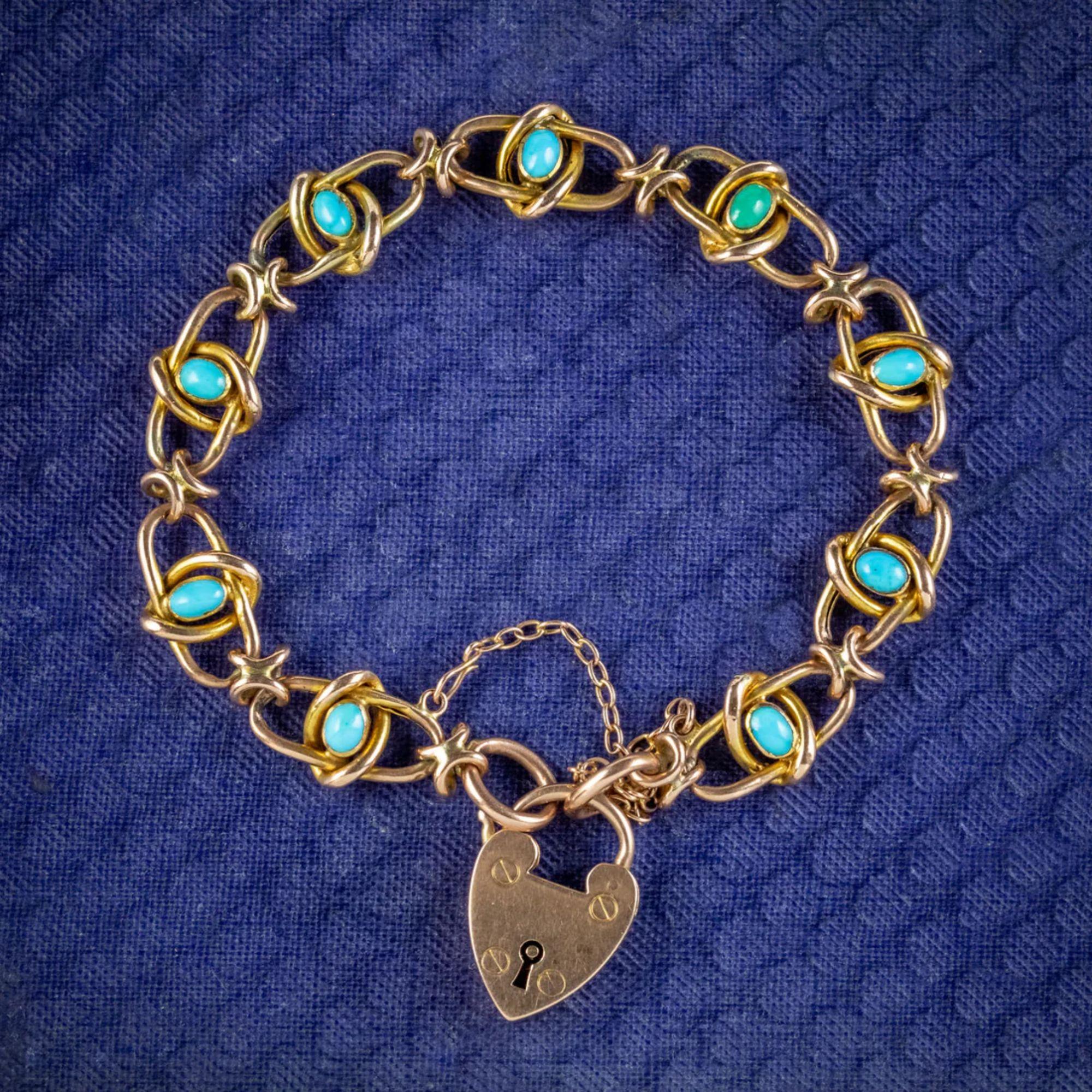 Antique Victorian Turquoise Bracelet in 9ct Gold with Heart Padlock, circa 1890 For Sale 1