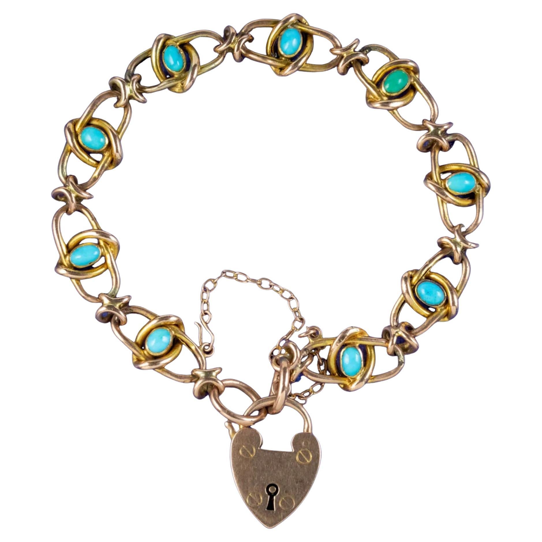 Antique Victorian Turquoise Bracelet in 9ct Gold with Heart Padlock, circa 1890 For Sale