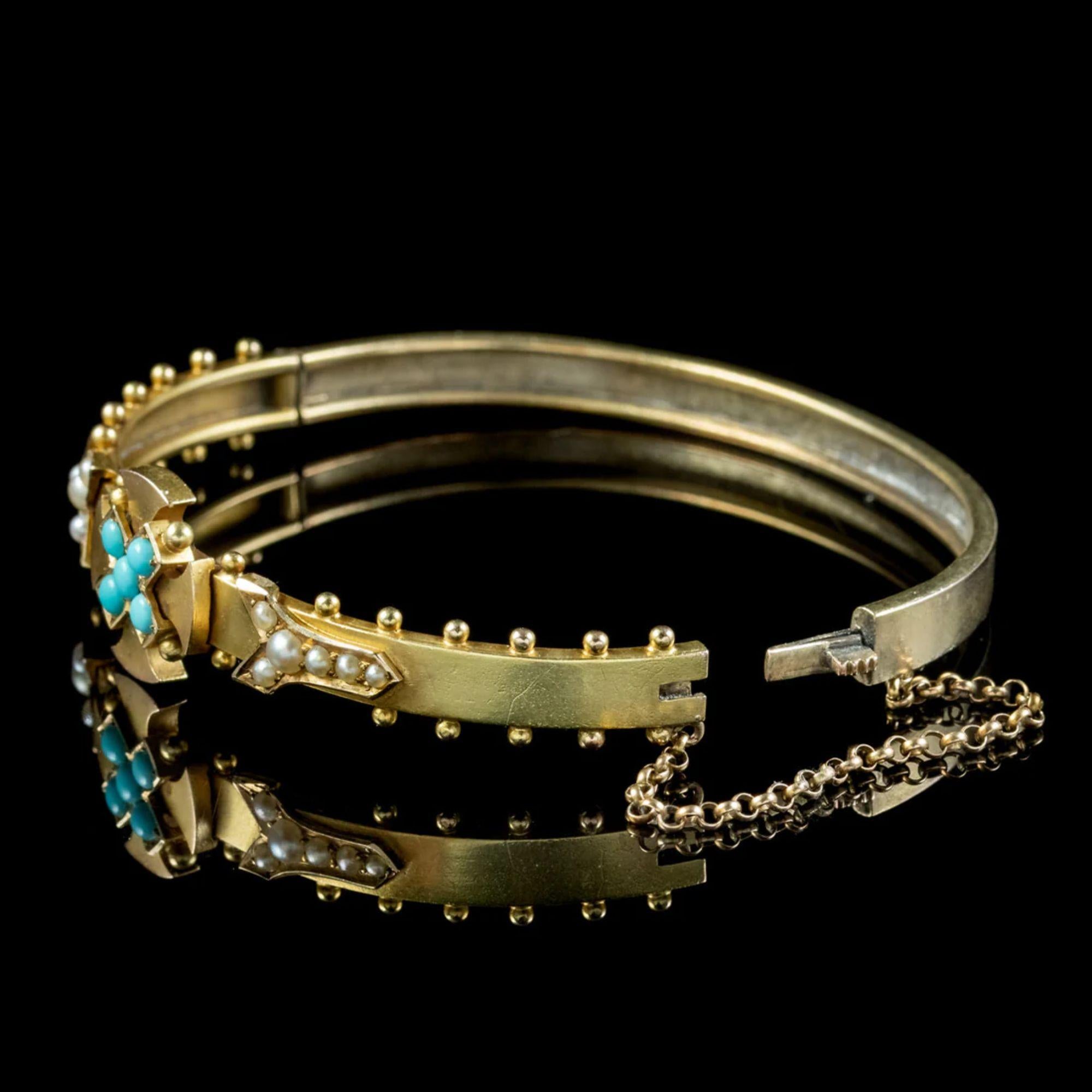 Bead Antique Victorian Turquoise Celtic Cross Bangle in 15 Carat Gold, circa 1880 For Sale