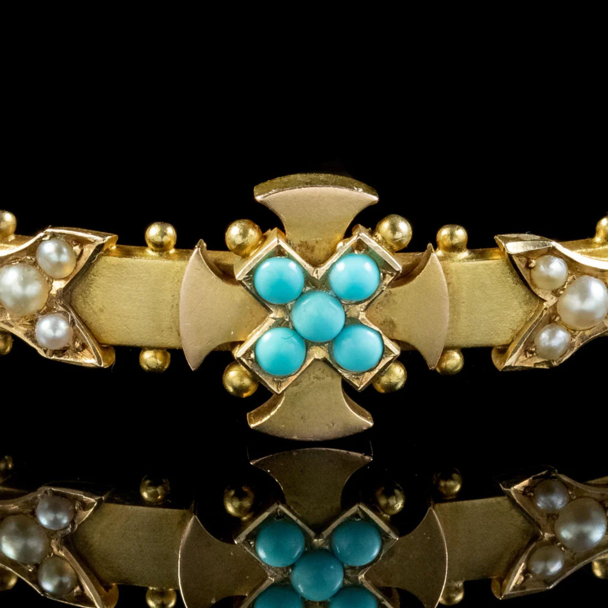 Antique Victorian Turquoise Celtic Cross Bangle in 15 Carat Gold, circa 1880 For Sale 1