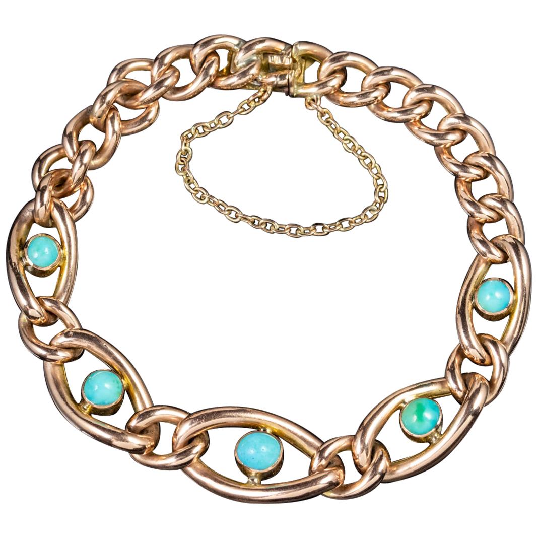Antique Victorian Turquoise Curb Bracelet 15 Carat Rose Gold, circa 1860 For Sale