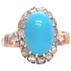Antique Victorian Turquoise Diamond Cluster 18 Karat Rose Gold Ring