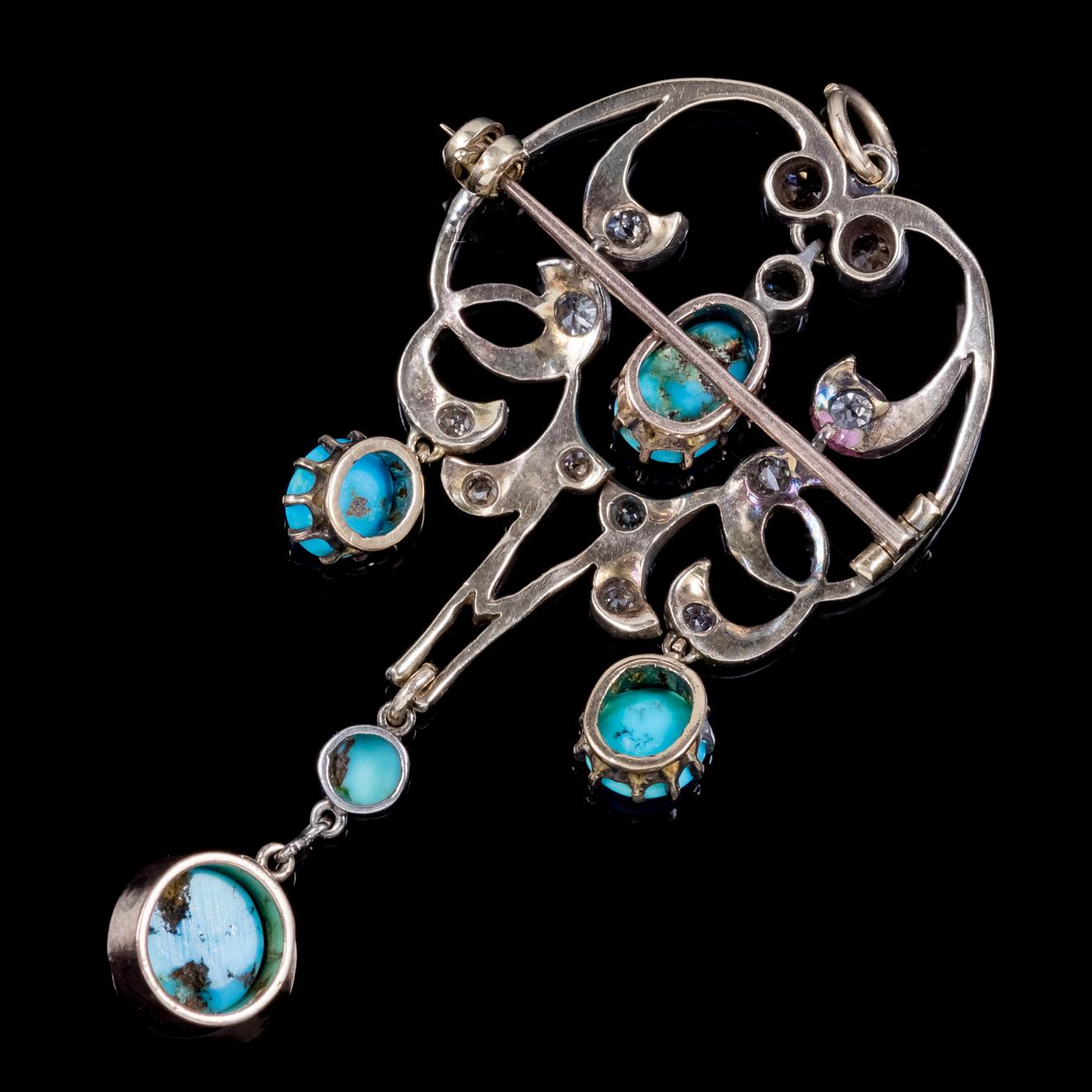 A beautiful antique Victorian pendant brooch Circa 1860, set with old cut Diamonds and five natural Turquoise droppers, the largest of which is 2ct and hangs from a swinging pendulum.  

Turquoise stones are considered a symbol of friendship and