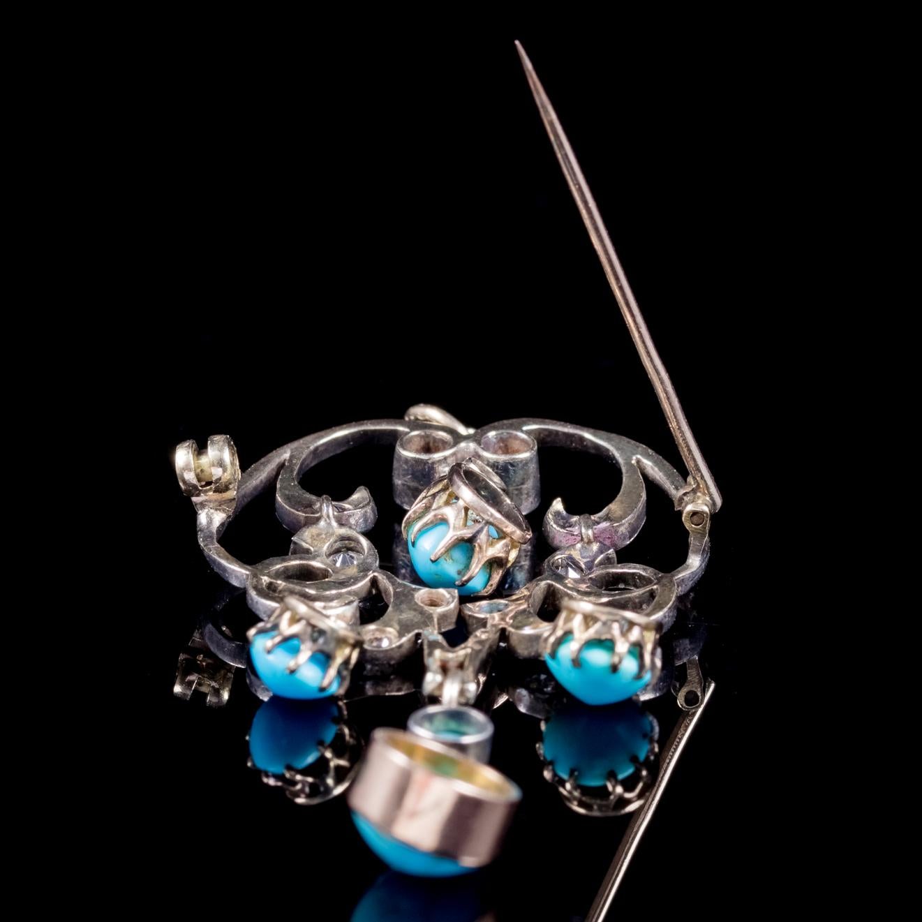 Women's Antique Victorian Turquoise Diamond Dropper Pendant Brooch, circa 1860 For Sale