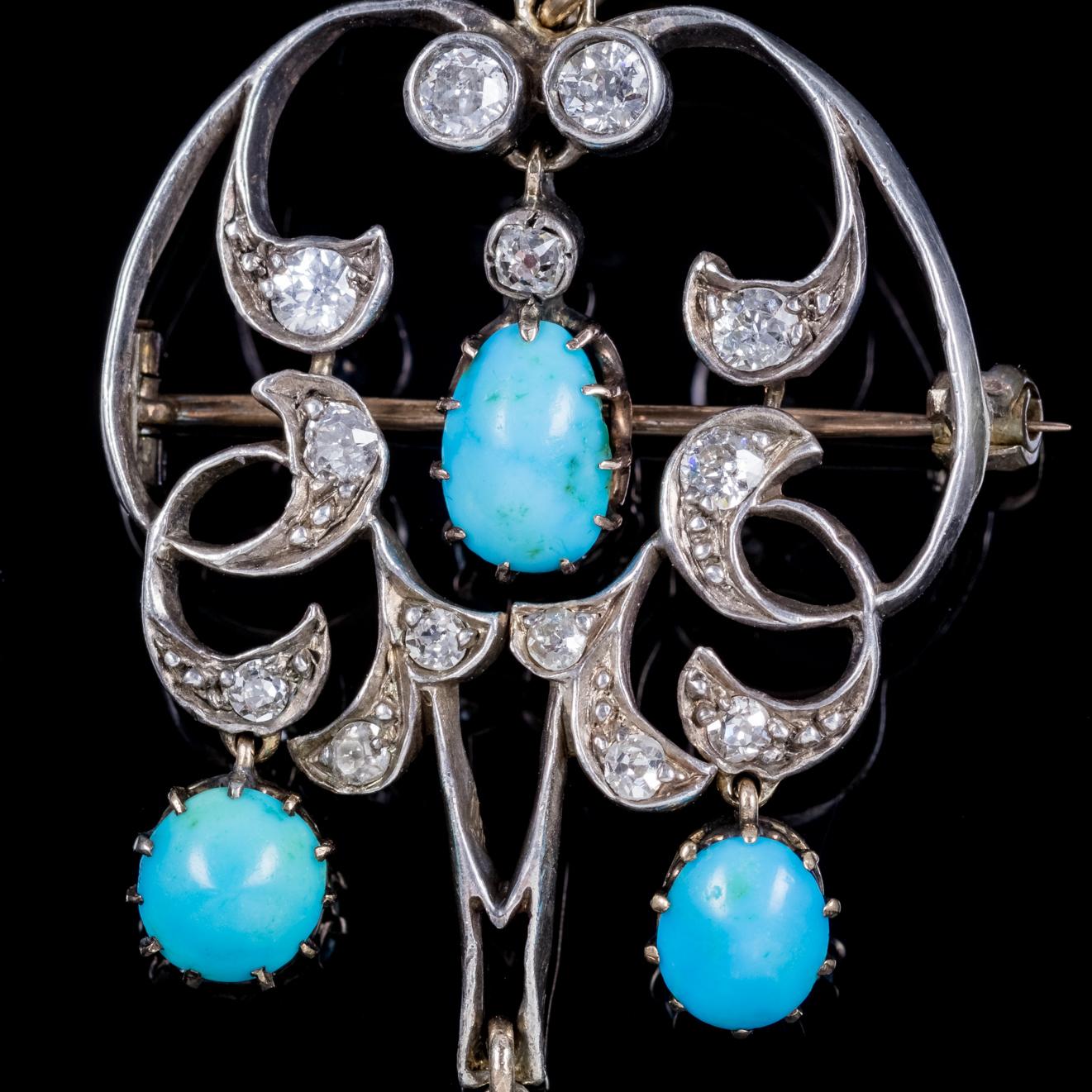 Antique Victorian Turquoise Diamond Dropper Pendant Brooch, circa 1860 For Sale 1