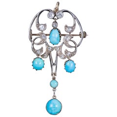Antique Victorian Turquoise Diamond Dropper Pendant Brooch, circa 1860