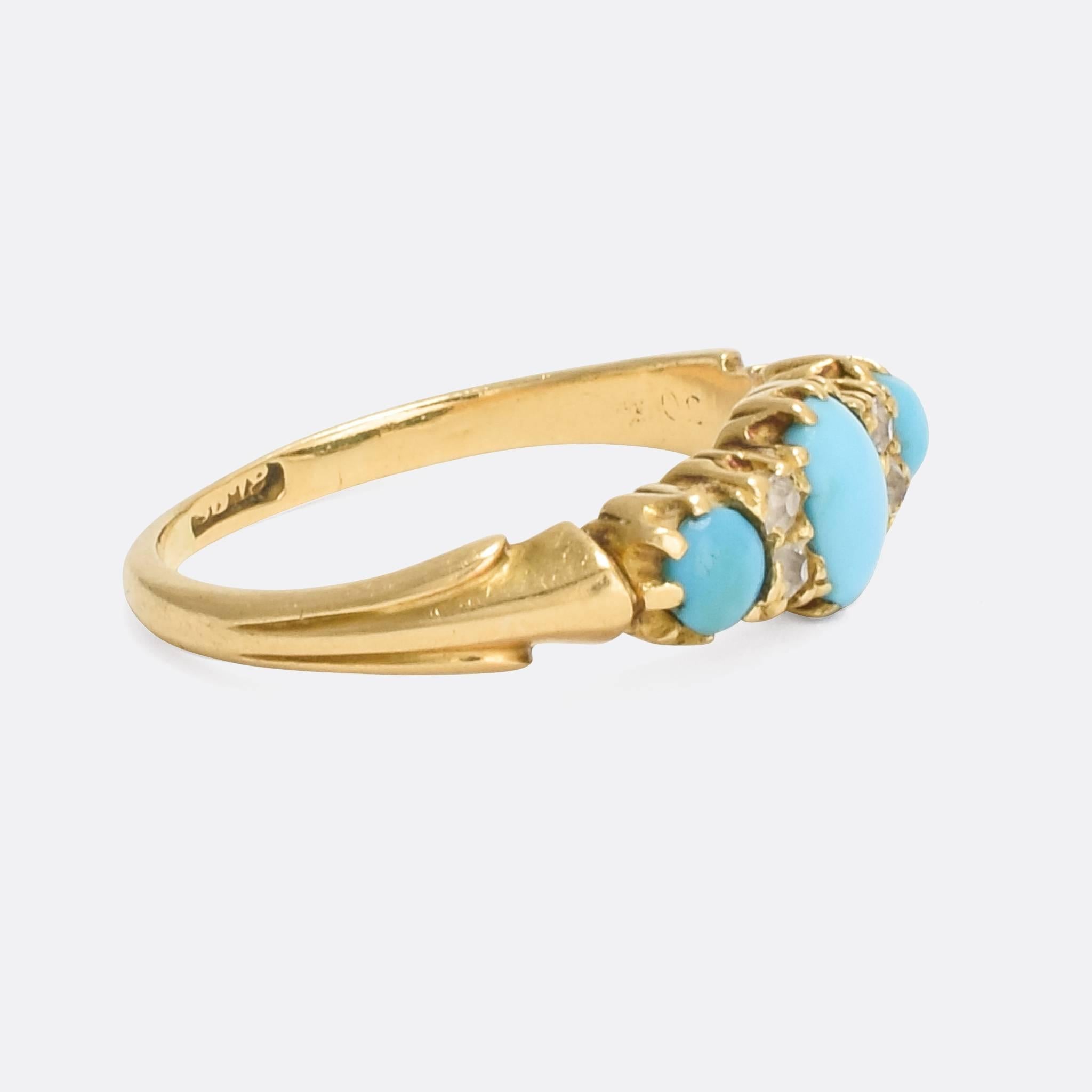 A sweet Victorian Diamond & Turquoise stacking ring in 18ct gold. Dating to the late 1890's. Stylistically very typical of the period. 

STONES 
Old Cut Diamonds, Turquoise

RING SIZE
5 US

MEASUREMENTS 
Width of Head: 5.8mm
Length of head: