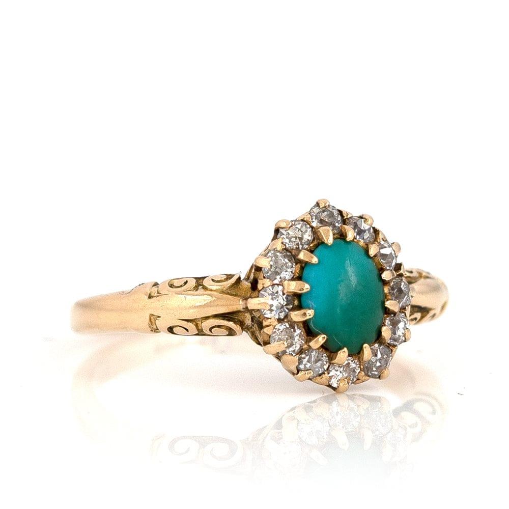 Antique Victorian Turquoise Diamond Halo 18ct Gold Ring For Sale 5