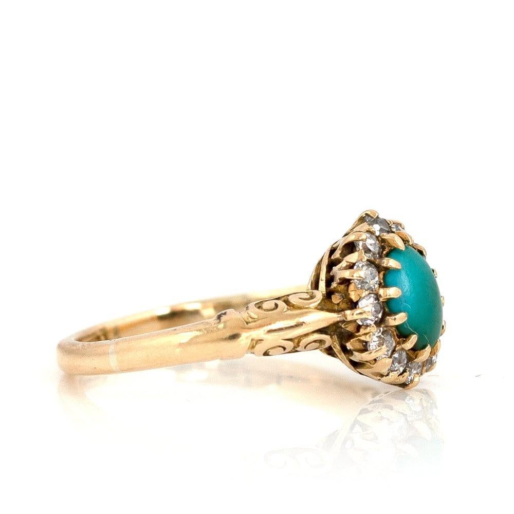 Antique Victorian Turquoise Diamond Halo 18ct Gold Ring In Good Condition For Sale In London, GB