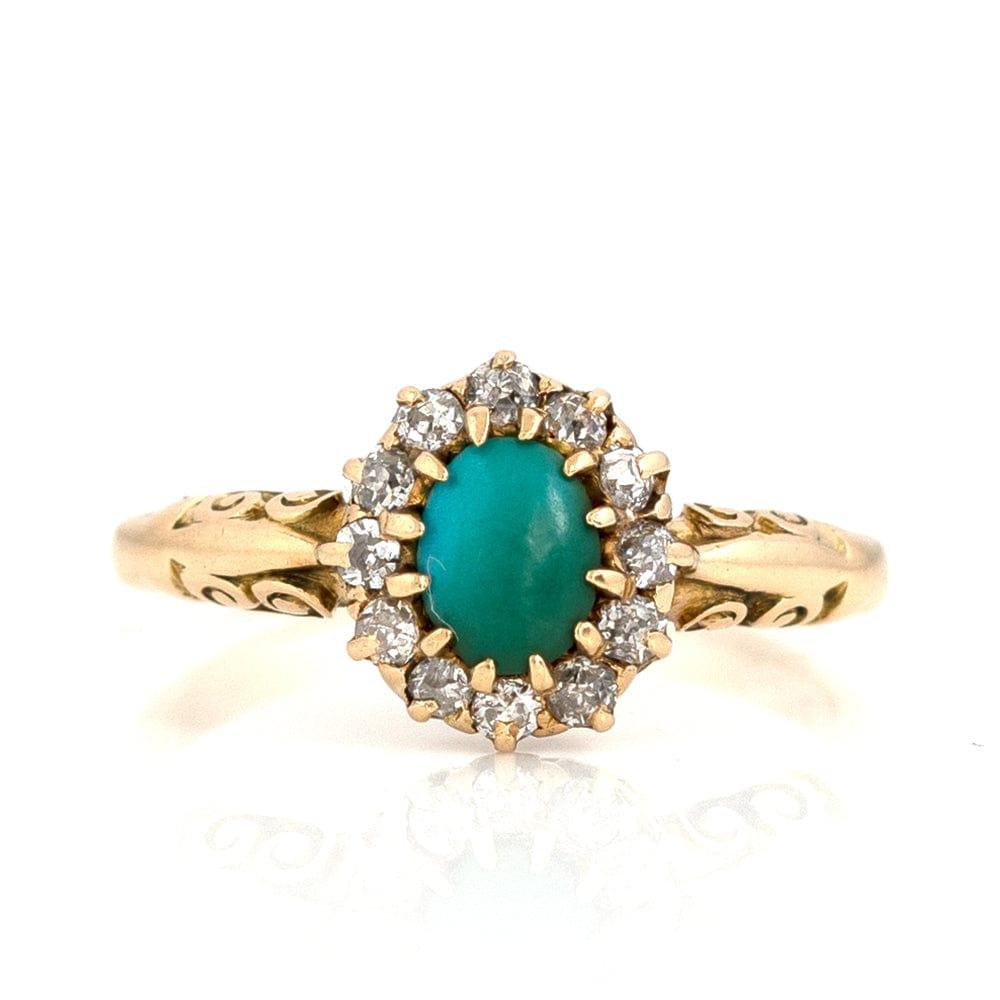 Antiker viktorianischer Türkis-Diamant-Halo-Ring aus 18 Karat Gold im Zustand „Gut“ im Angebot in London, GB