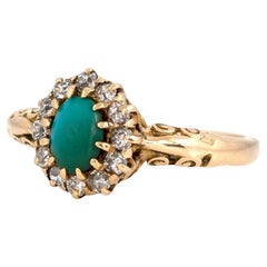 Bague victorienne ancienne en or 18 carats avec turquoise et halo de diamants