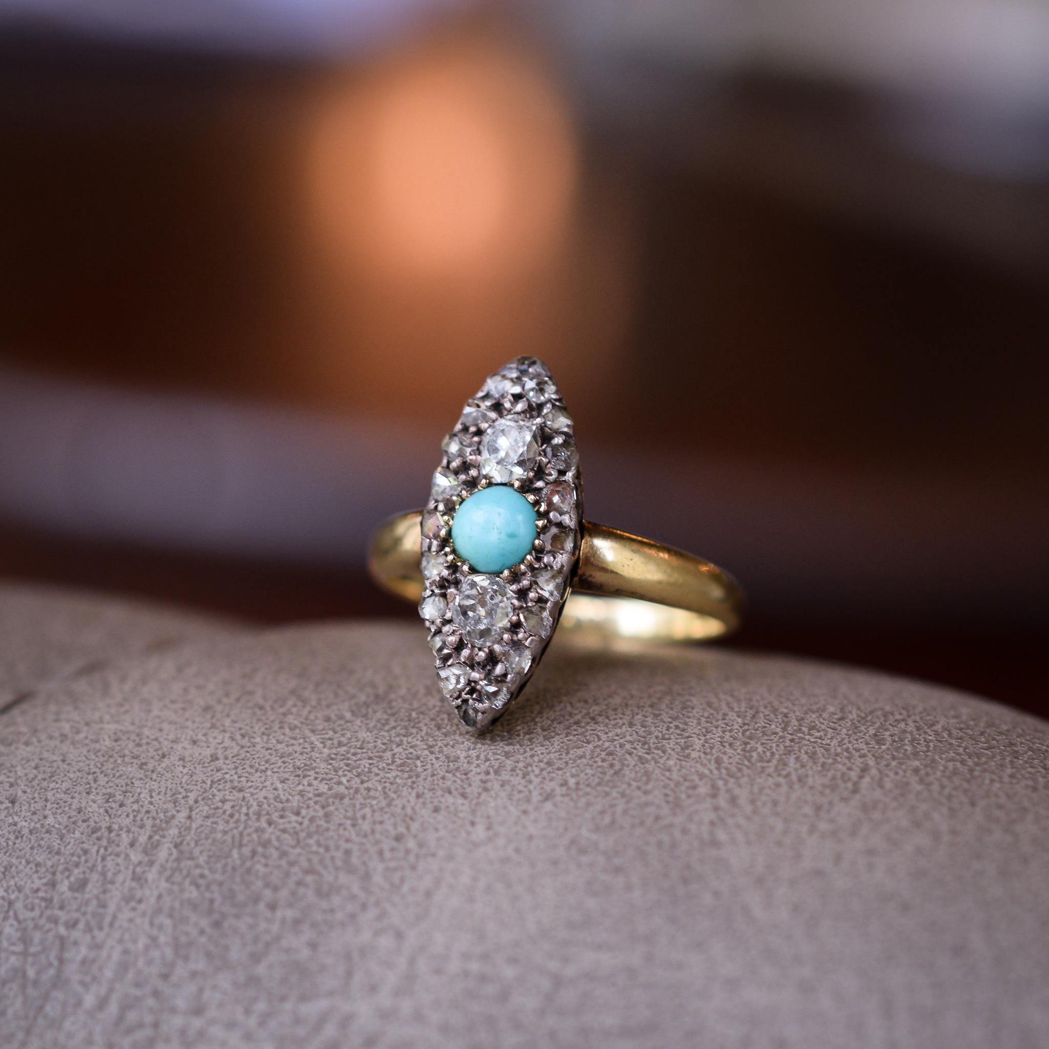 Antique Victorian Turquoise Diamond Marquise Ring For Sale 1
