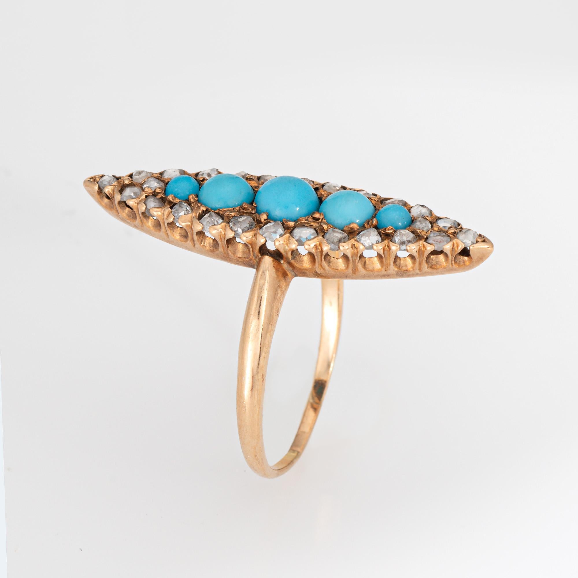 Élégante bague victorienne ancienne à navette en turquoise et diamant (circa 1880 à 1900) en or jaune 14 carats (bandeau en or jaune 10 carats). 

24 diamants anciens taillés en rose totalisent un poids estimé à 0,24 carat (couleur estimée J-K et