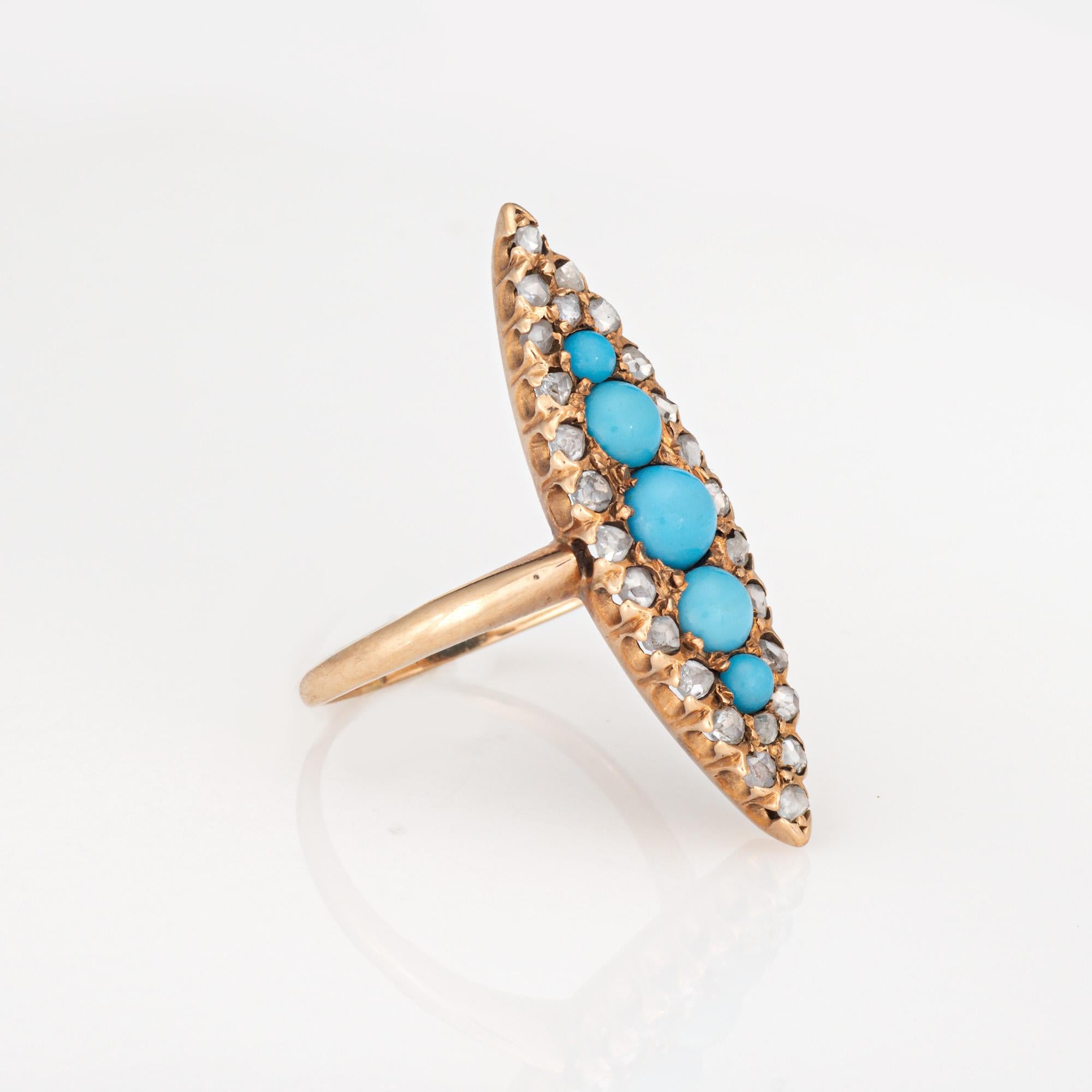 Taille ronde Bague Victorienne Ancienne Turquoise Diamant Navette Or Jaune 14k Sz 5.5 Bijoux en vente