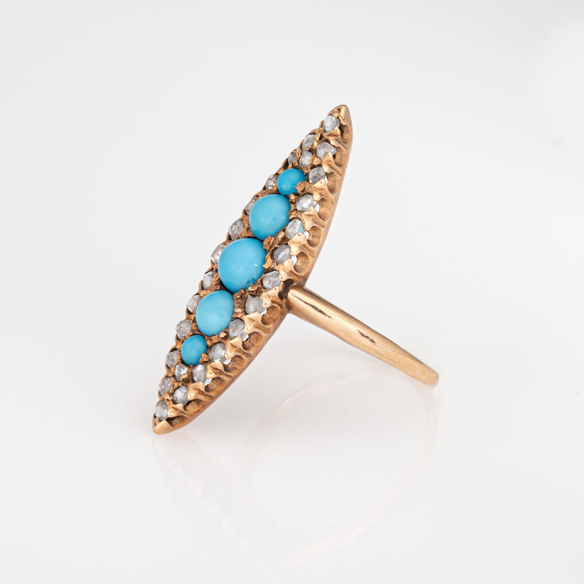 Bague Victorienne Ancienne Turquoise Diamant Navette Or Jaune 14k Sz 5.5 Bijoux Bon état - En vente à Torrance, CA