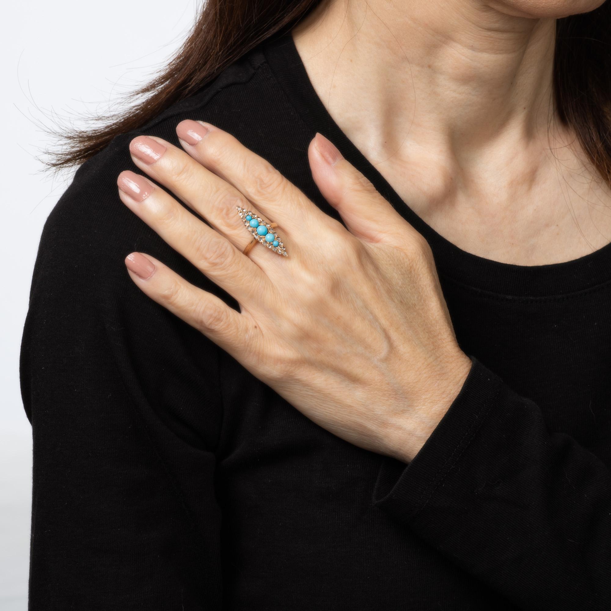 Bague Victorienne Ancienne Turquoise Diamant Navette Or Jaune 14k Sz 5.5 Bijoux Pour femmes en vente