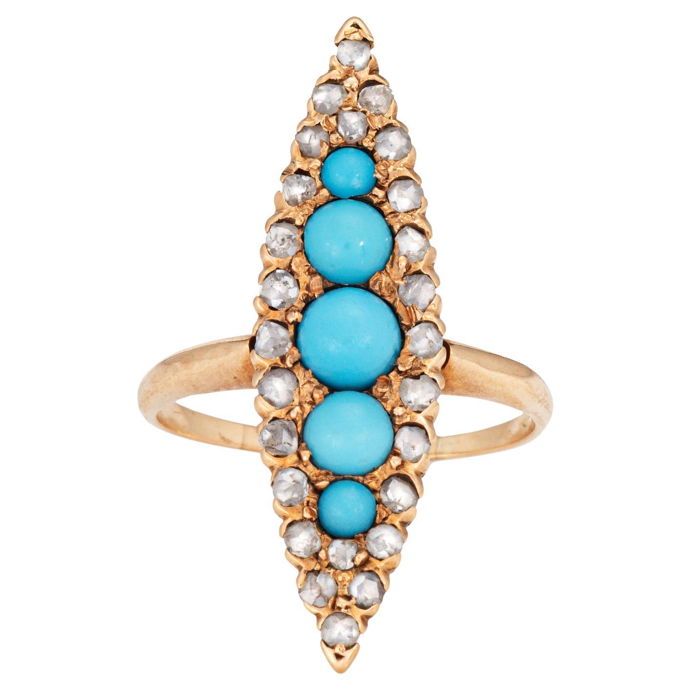 Bague Victorienne Ancienne Turquoise Diamant Navette Or Jaune 14k Sz 5.5 Bijoux en vente
