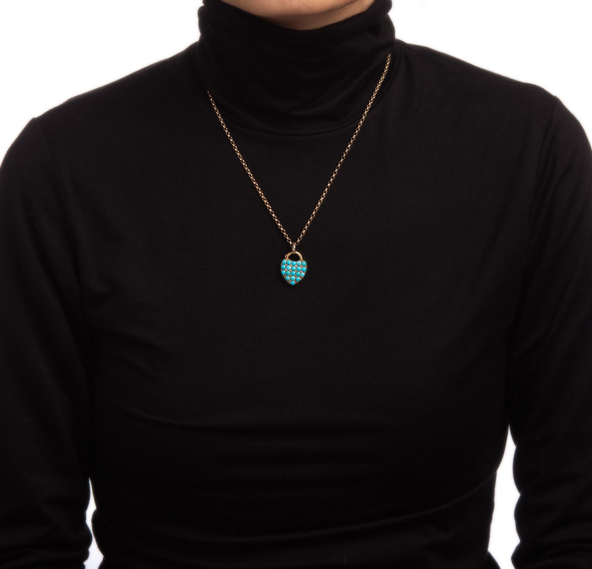Victorien Antiquities Victorian Turquoise Diamond Necklace Heart Locket 15k Belcher Link    en vente