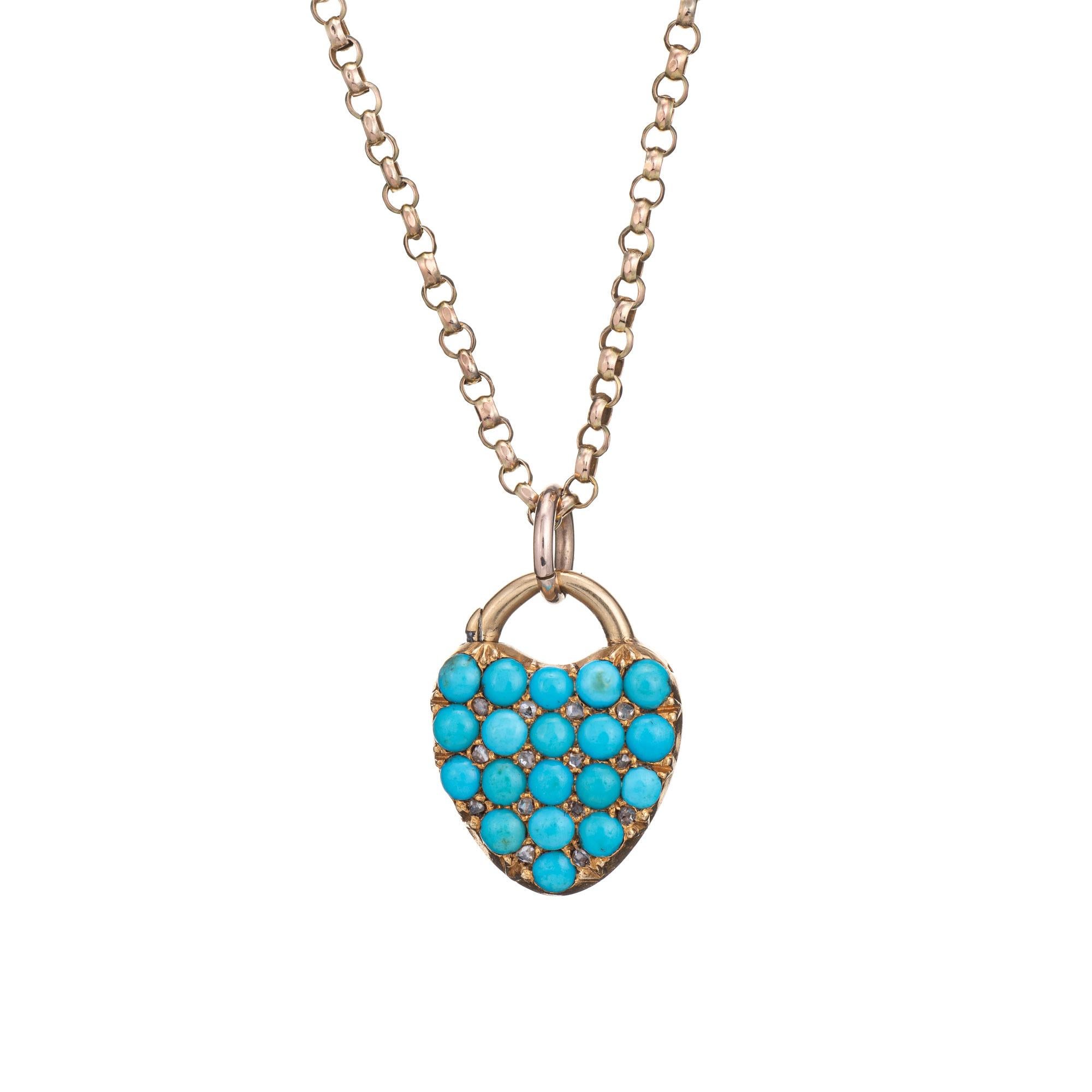 Taille ronde Antiquities Victorian Turquoise Diamond Necklace Heart Locket 15k Belcher Link    en vente
