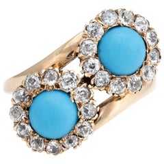 Antique Victorian Turquoise Diamond Ring Double Halo 14 Karat Gold Vintage