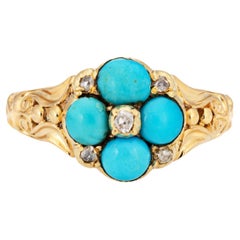 Antique Victorian Turquoise Diamond Ring Forget Me Not 14k Yellow Gold Sz 5.5 