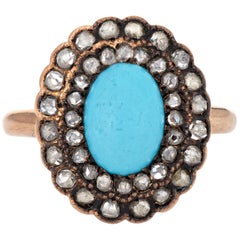 Antique Victorian Turquoise Diamond Ring Vintage 10 Karat Gold Rose Cut Halo