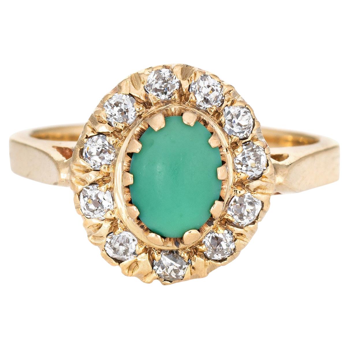 Antique Victorian Turquoise Diamond Ring Vintage 14 Karat Gold Mine Cut Halo For Sale