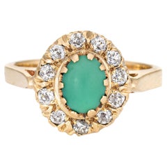 Ancienne bague victorienne vintage en or 14 carats avec turquoise et halo de diamants taille mine