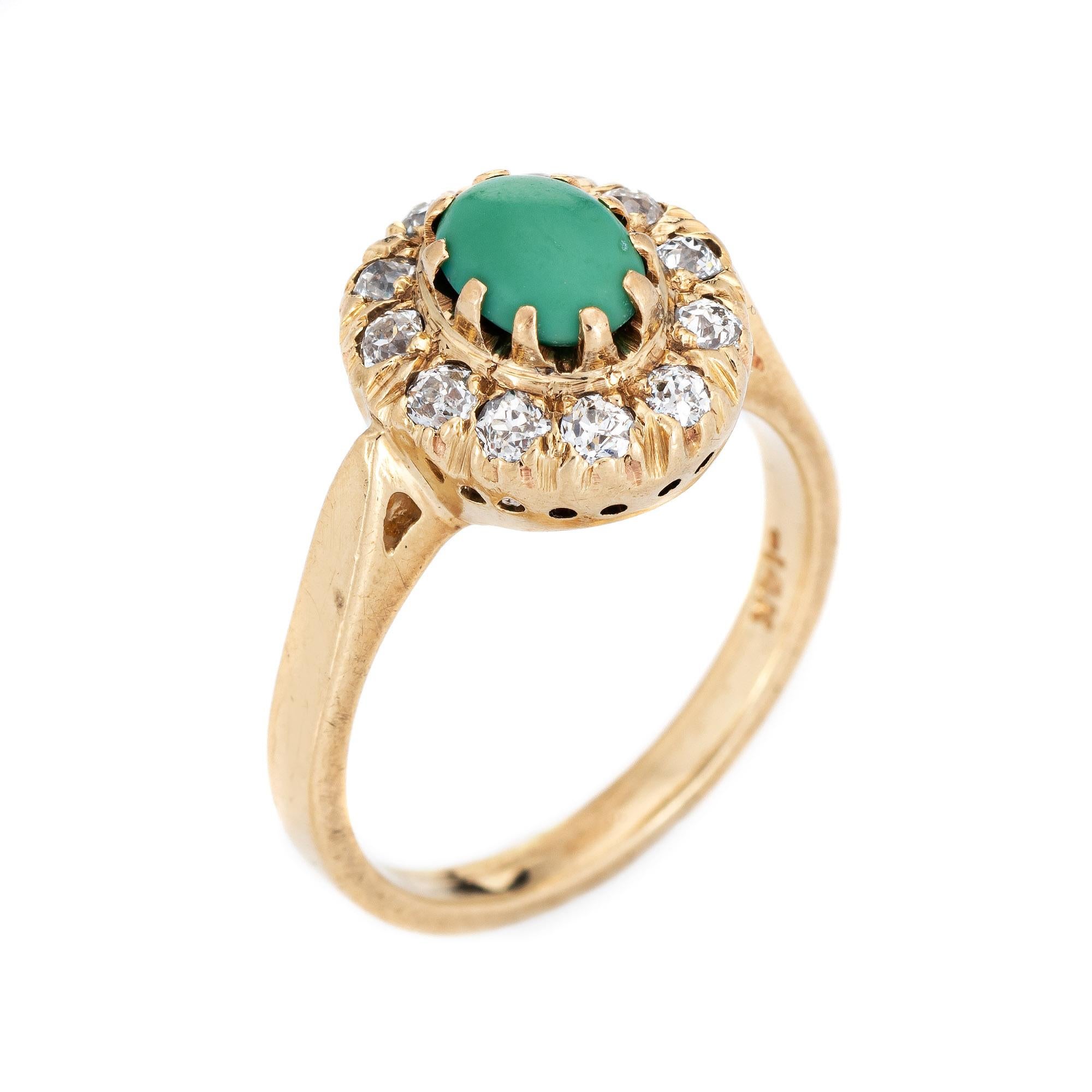 Finely detailed antique Victorian era ring (circa 1880s to 1900s) crafted in 14k yellow gold. 

Turquoise cabochon measures 6mm x 5mm (estimated at 1.10 carat), accented with 11 estimated 0.07 carat old mine cut diamonds. The total diamond weight is