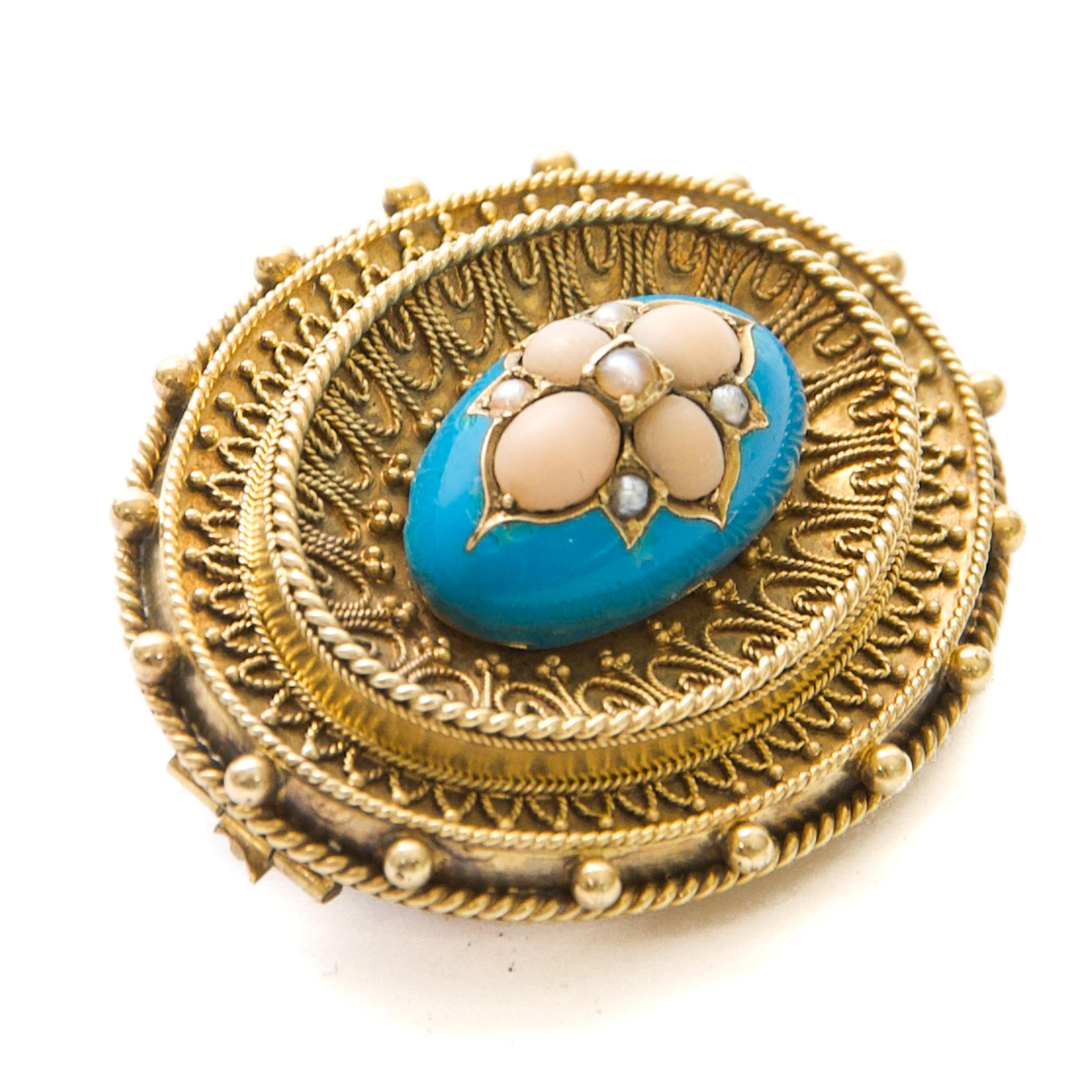 Mixed Cut Antique Victorian Turquoise Enamel with Coral and Pearl Gold Brooch For Sale