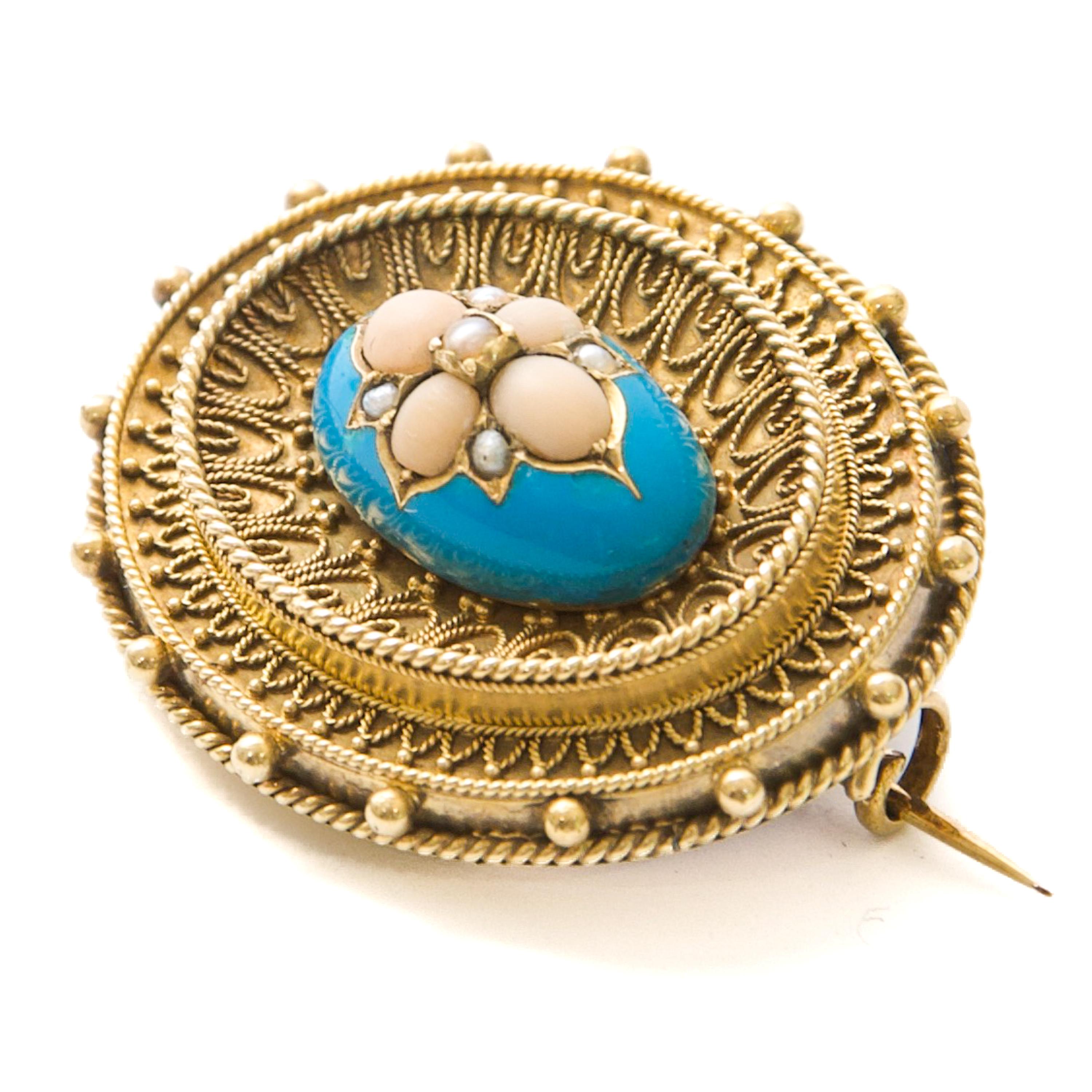 Antique Victorian Turquoise Enamel with Coral and Pearl Gold Brooch In Good Condition For Sale In Rotterdam, NL