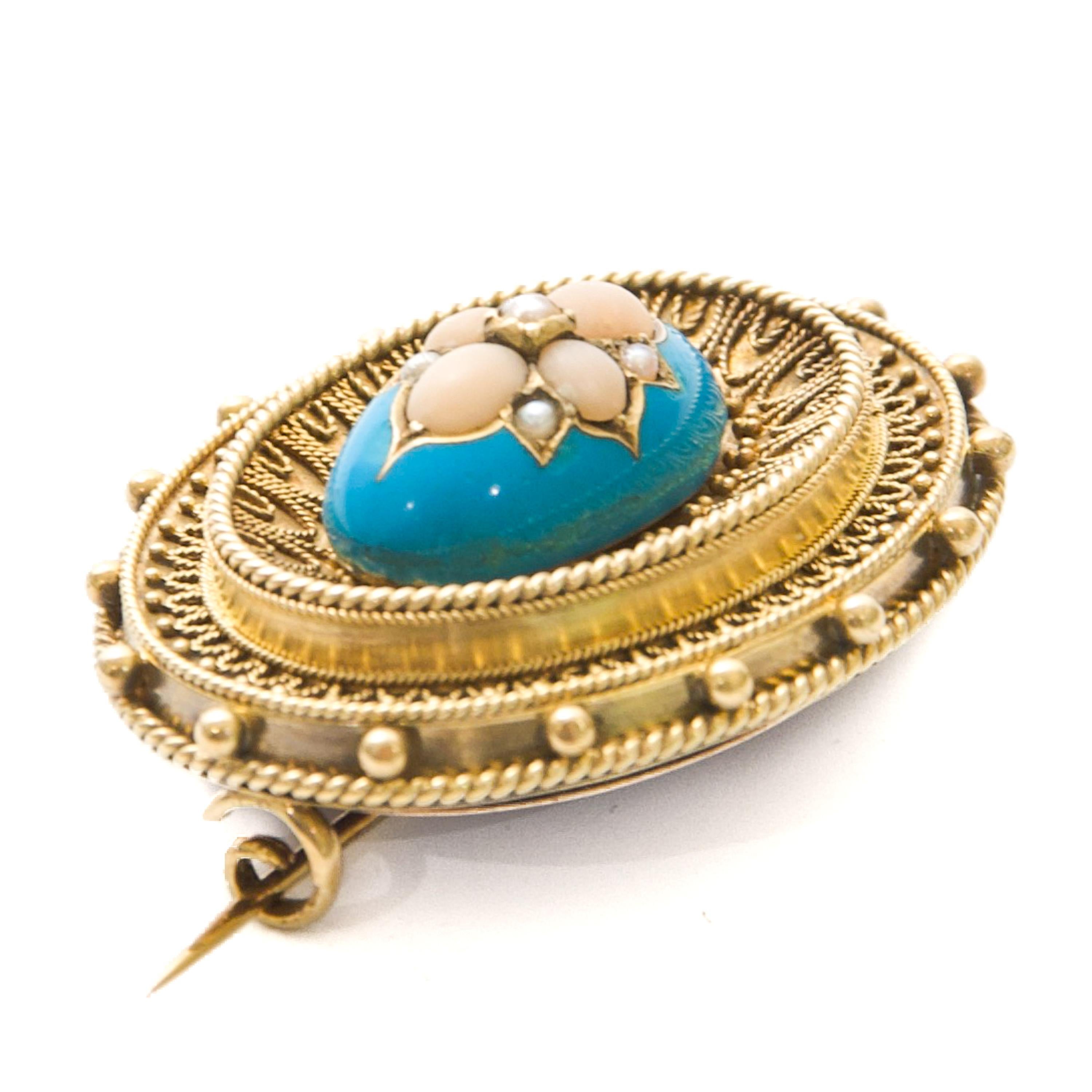 Women's or Men's Antique Victorian Turquoise Enamel with Coral and Pearl Gold Brooch For Sale