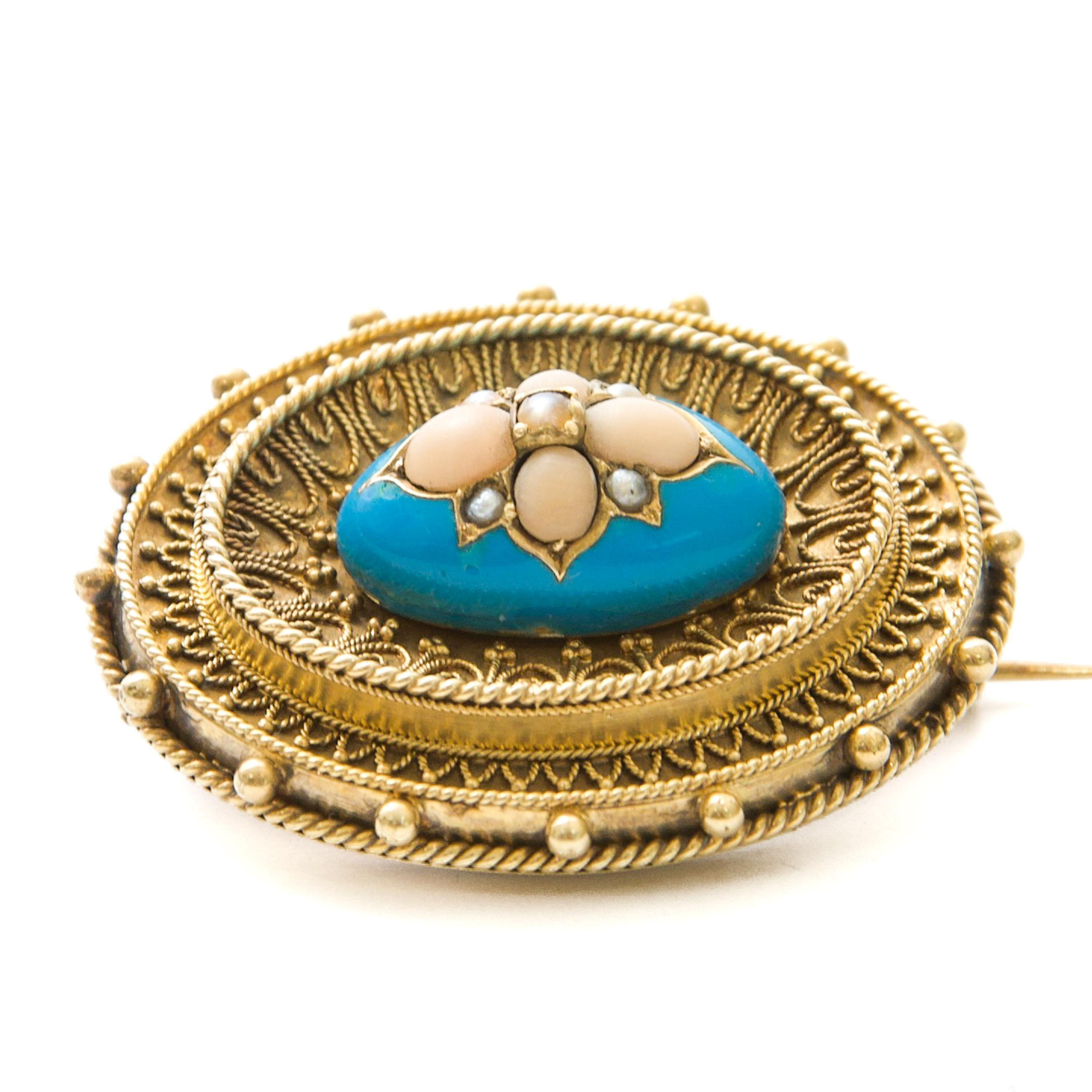 Antique Victorian Turquoise Enamel with Coral and Pearl Gold Brooch For Sale 2
