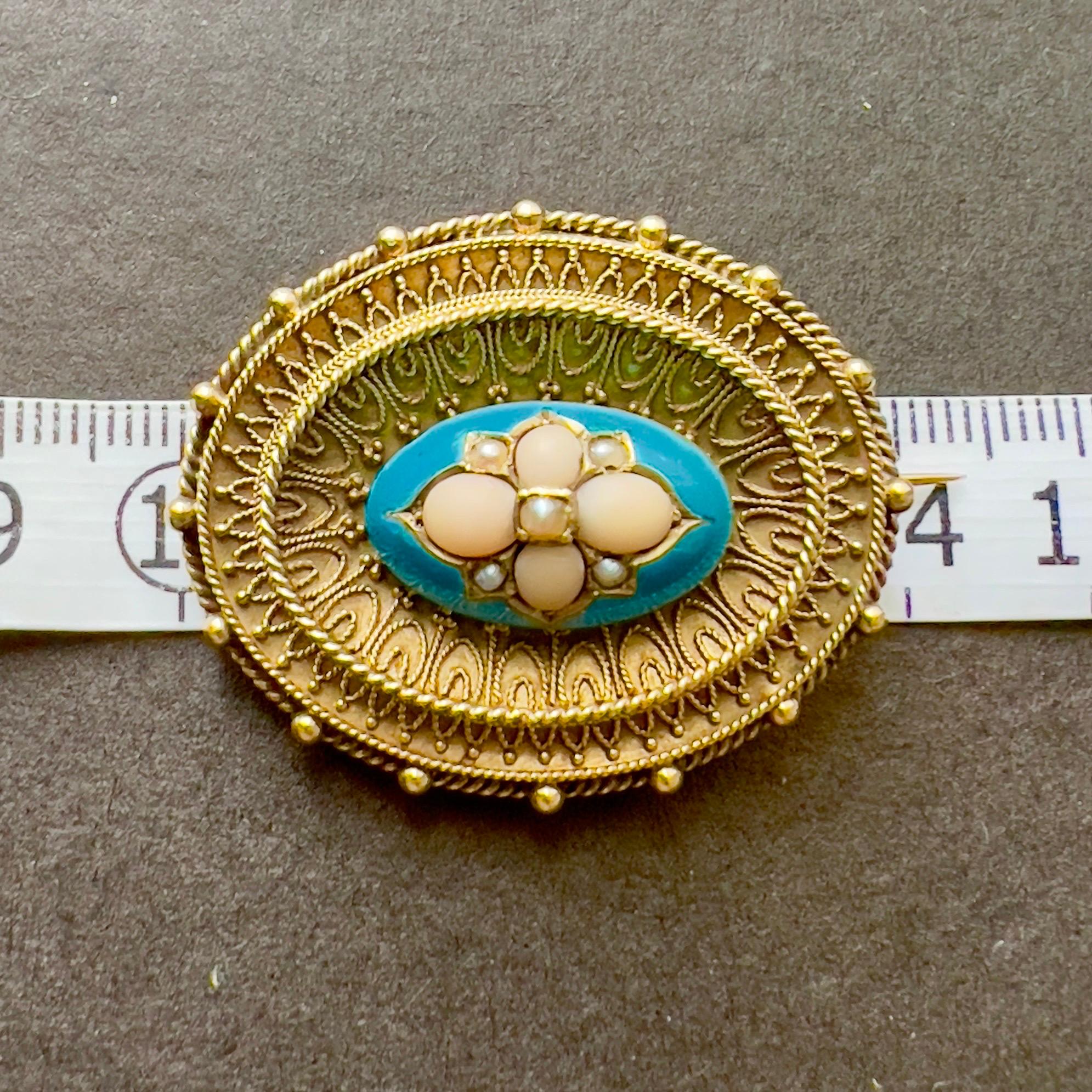Antique Victorian Turquoise Enamel with Coral and Pearl Gold Brooch For Sale 3
