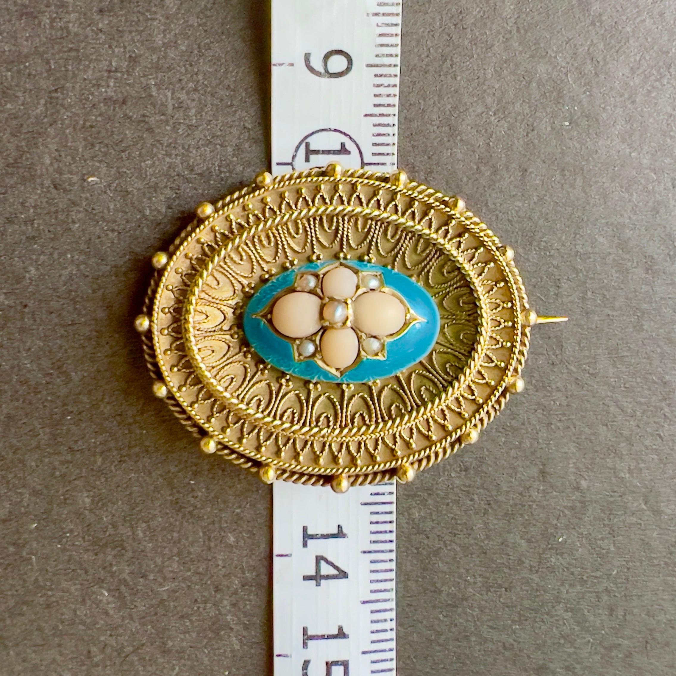 Antique Victorian Turquoise Enamel with Coral and Pearl Gold Brooch For Sale 4
