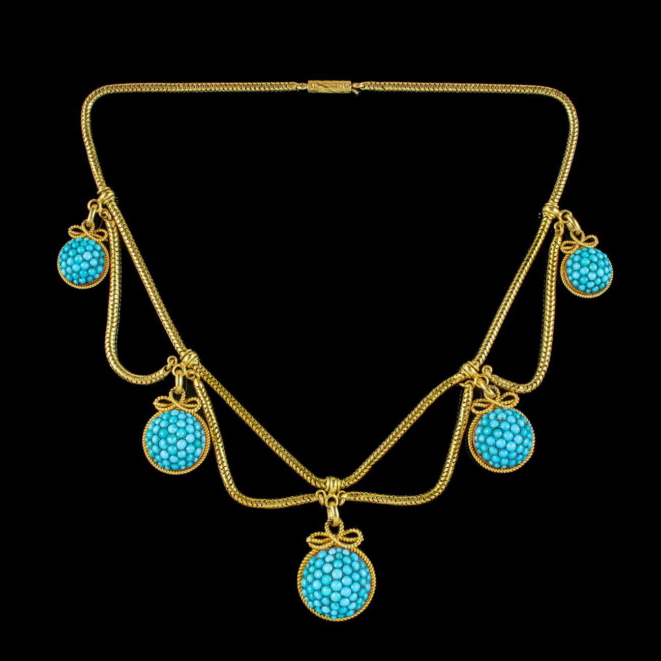 Cabochon Antique Victorian Turquoise Etruscan Revival Collar Necklace 15ct Gold