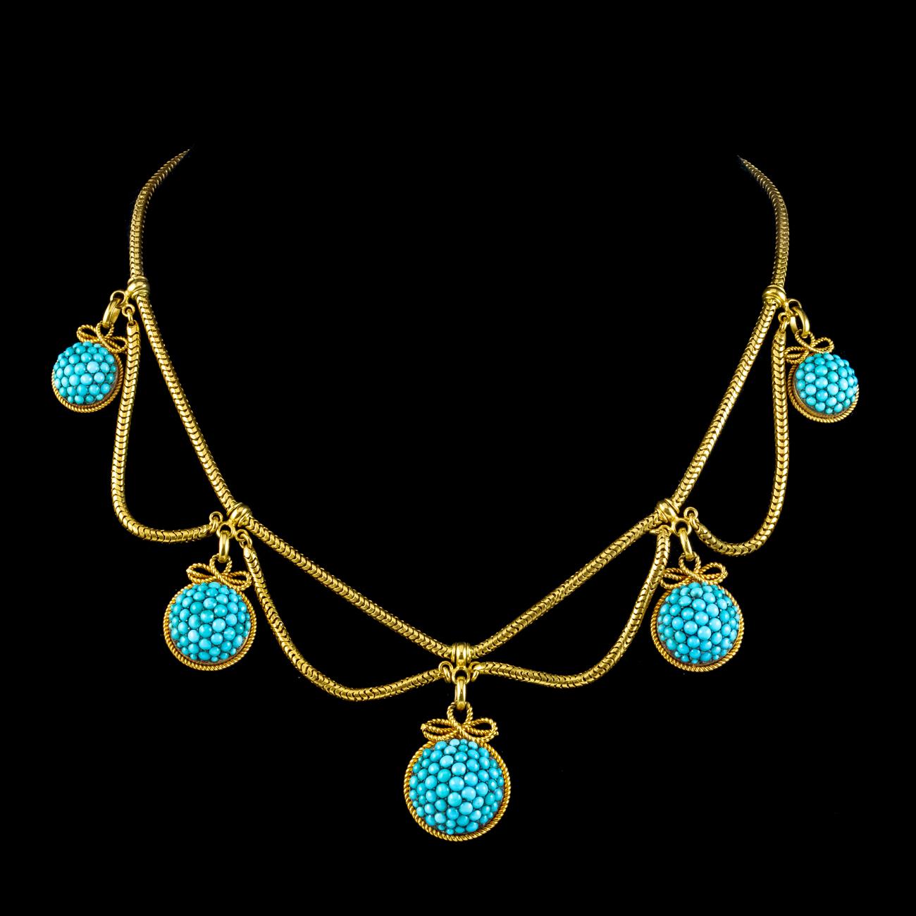 Antique Victorian Turquoise Etruscan Revival Collar Necklace 15ct Gold In Good Condition In Kendal, GB