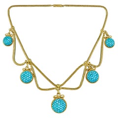 Collana antica vittoriana di turchese etrusco revival con collare in oro 15ct
