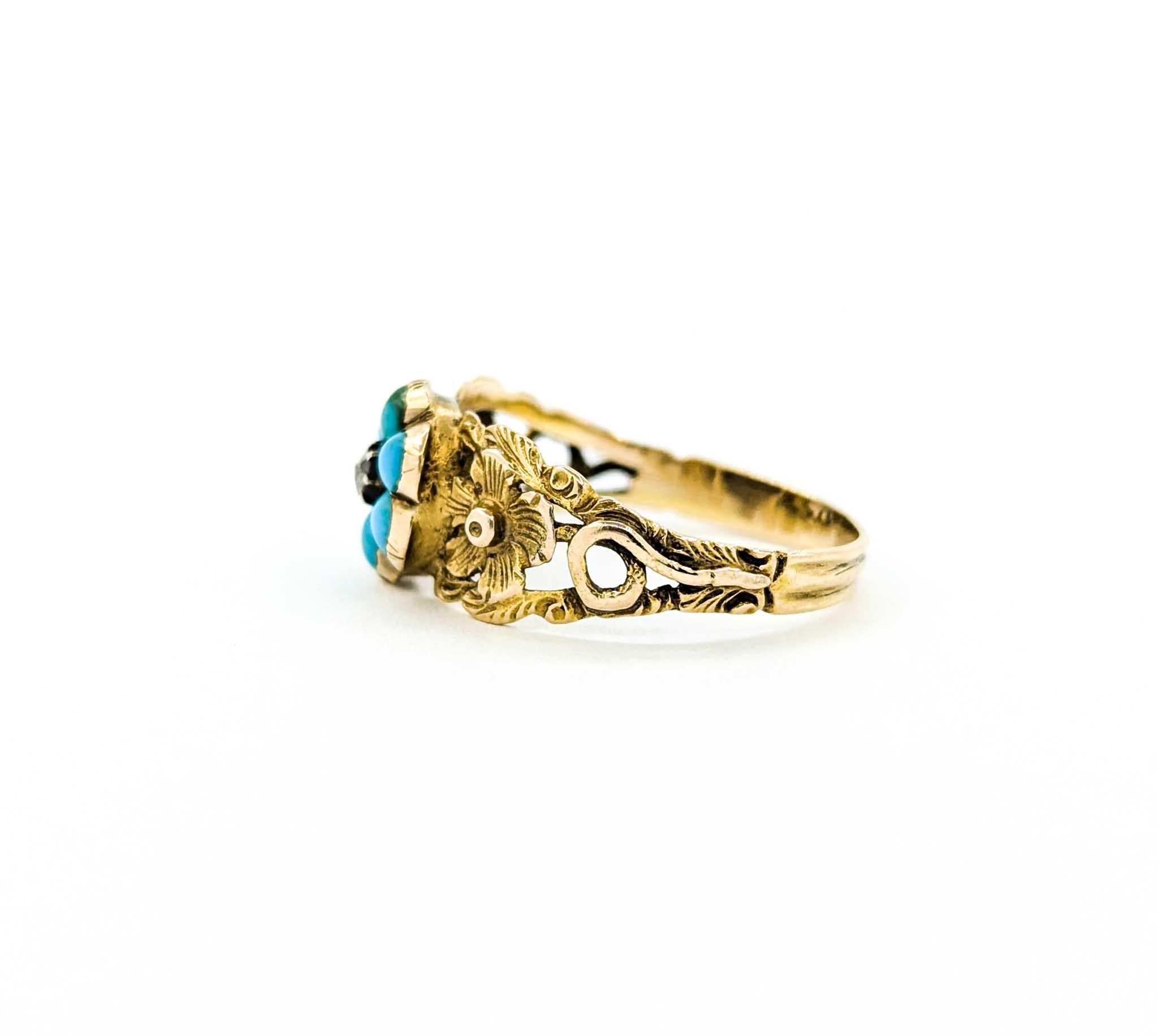 Antiker viktorianischer Türkis-Blumenring aus Gelbgold mit Diamant im Rosenschliff 4