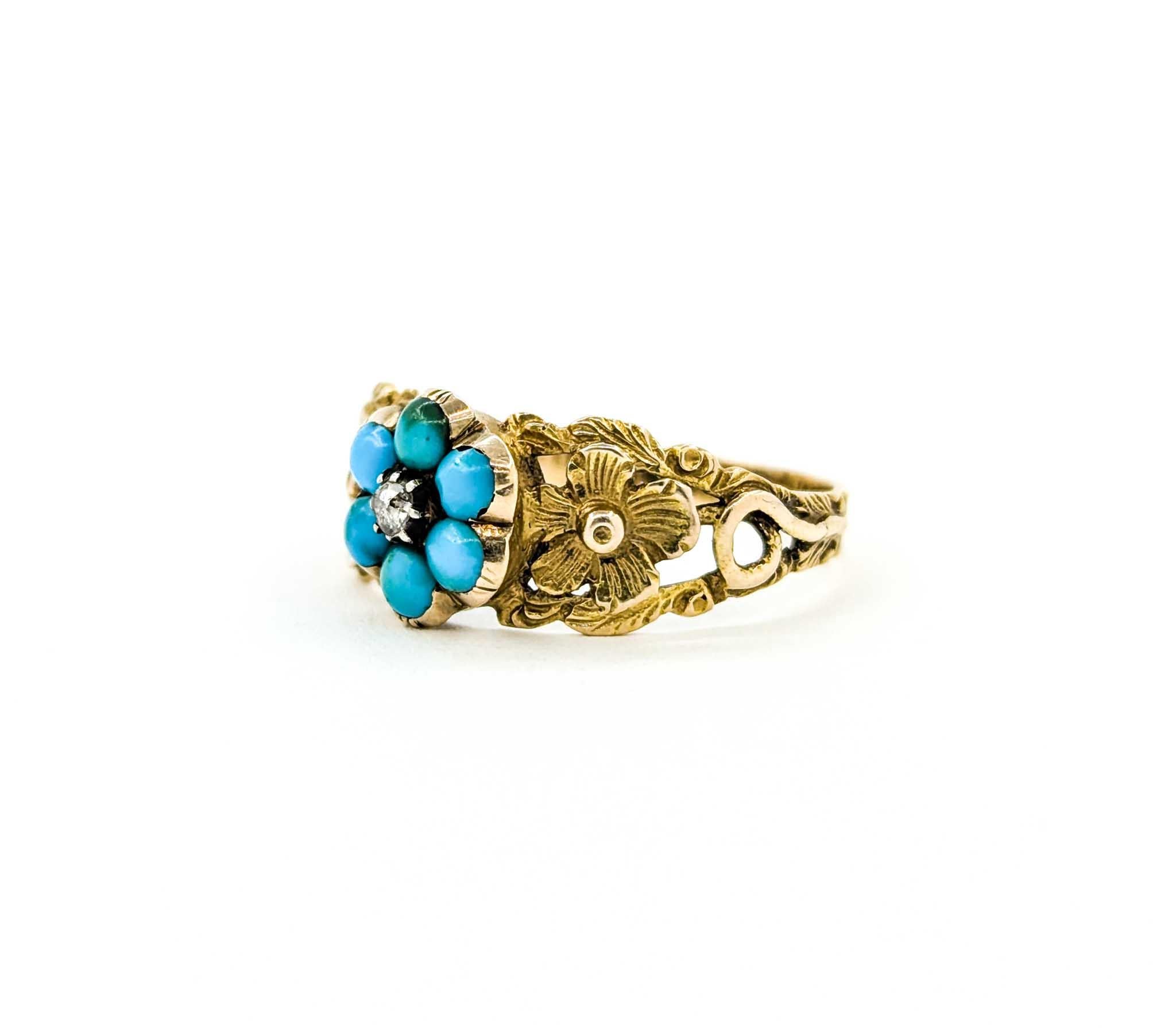 Antiker viktorianischer Türkis-Blumenring aus Gelbgold mit Diamant im Rosenschliff 5