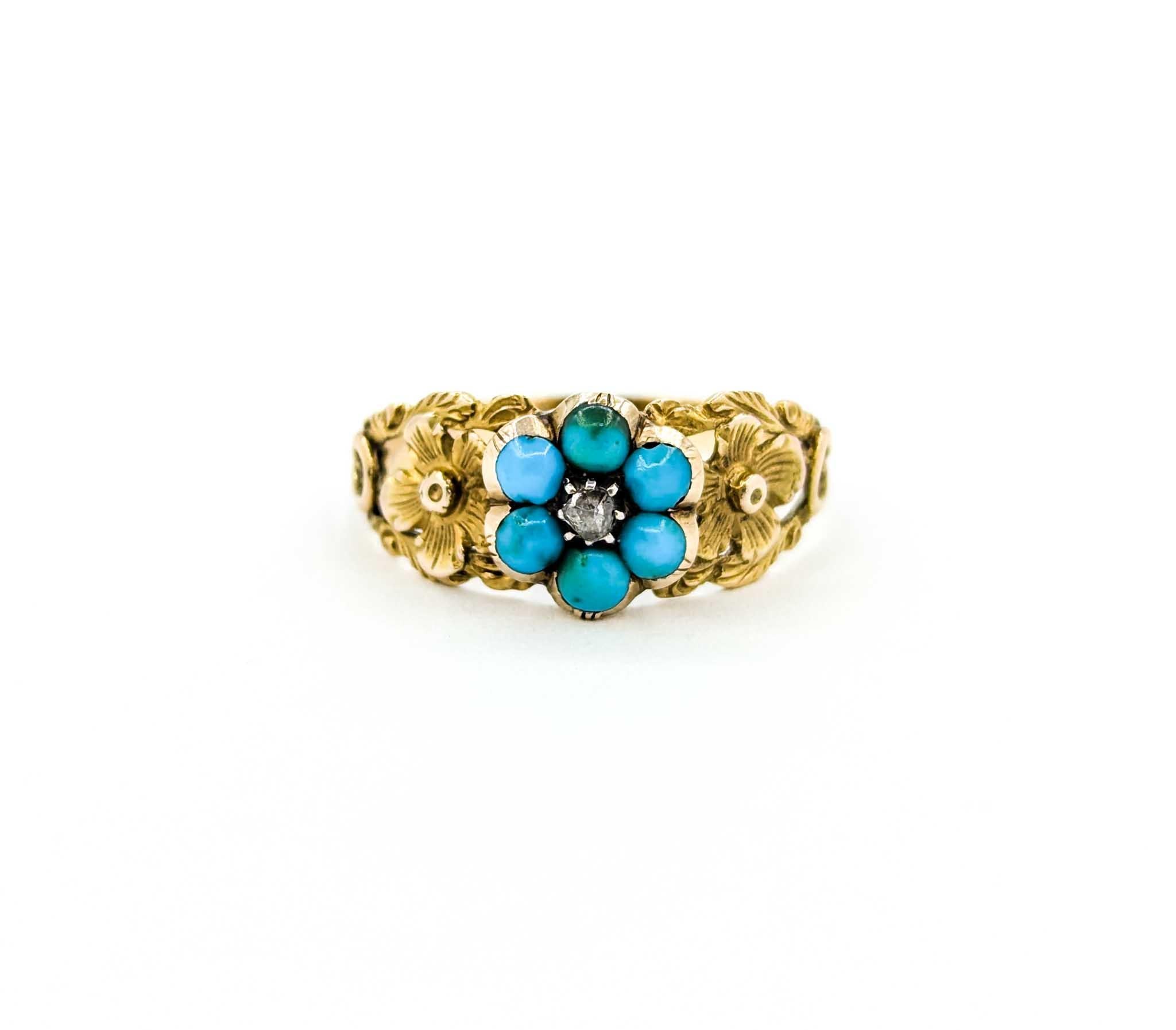 Antiker viktorianischer Türkis-Blumenring aus Gelbgold mit Diamant im Rosenschliff 6