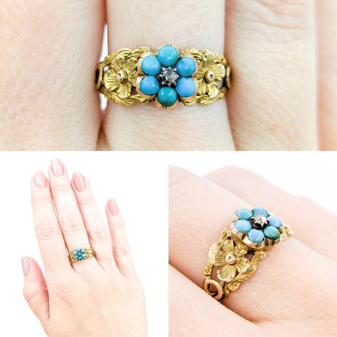 Antiker frühviktorianischer Blumenring aus Türkis mit Diamant im Rosenschliff in Gelbgold

Wir präsentieren diesen wunderschönen frühviktorianischen Türkis-Blumenring aus butterweichem 10-karätigem Gelbgold. In der Mitte des Rings befindet sich ein