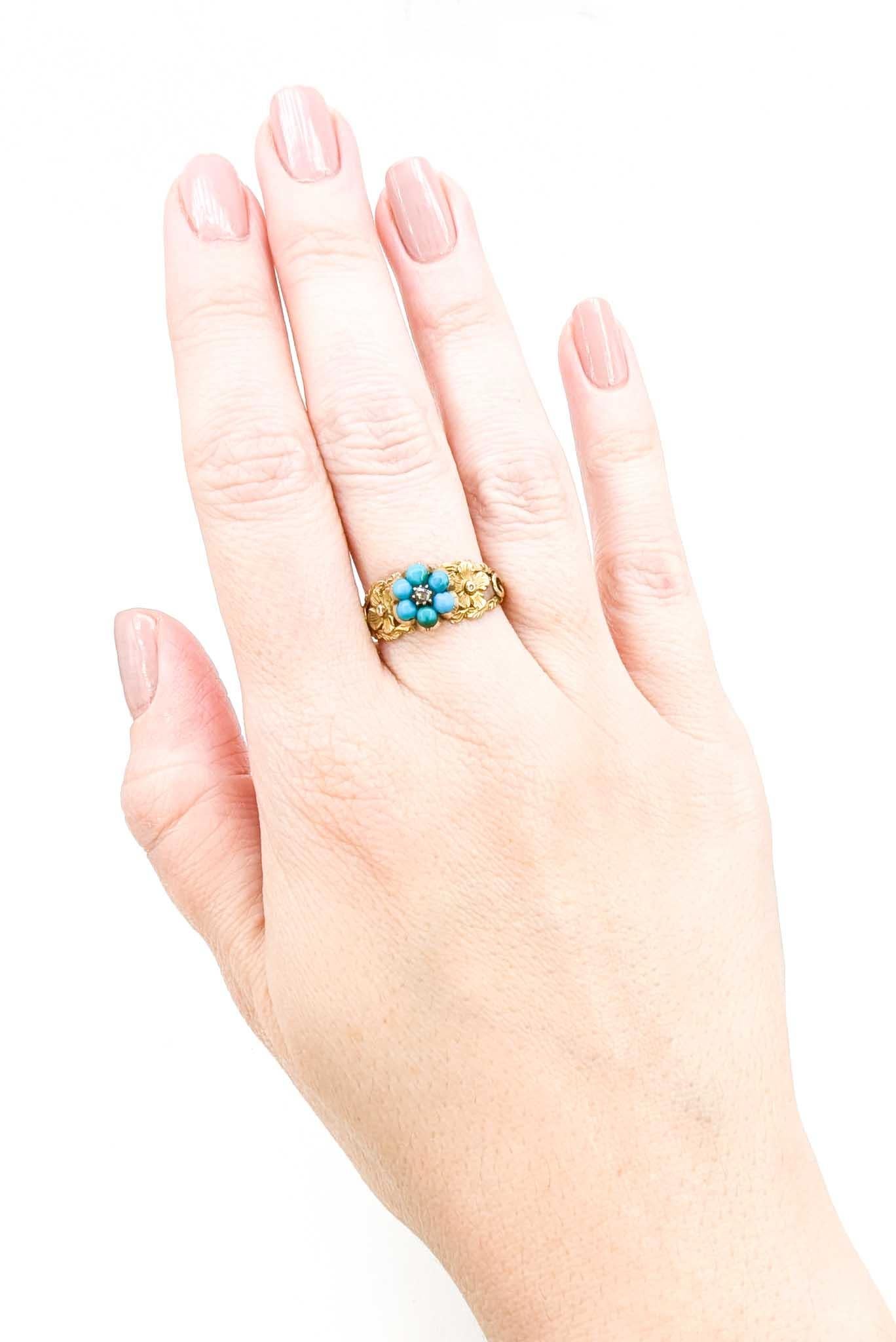 Antiker viktorianischer Türkis-Blumenring aus Gelbgold mit Diamant im Rosenschliff (Frühviktorianisch)