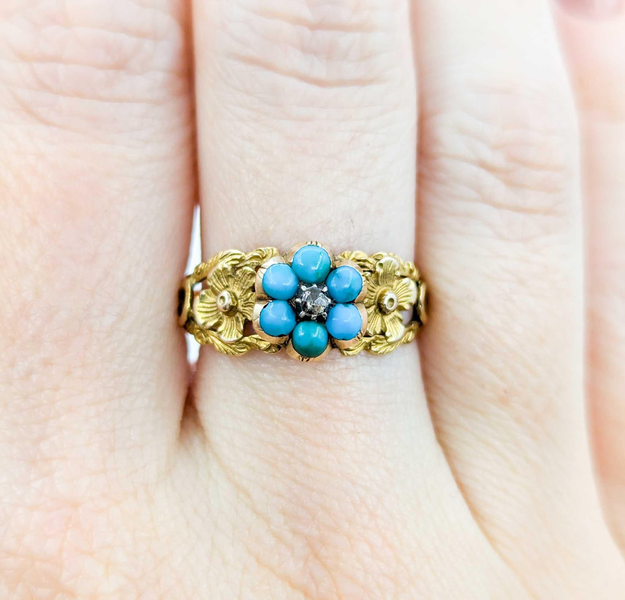 Antiker viktorianischer Türkis-Blumenring aus Gelbgold mit Diamant im Rosenschliff Damen